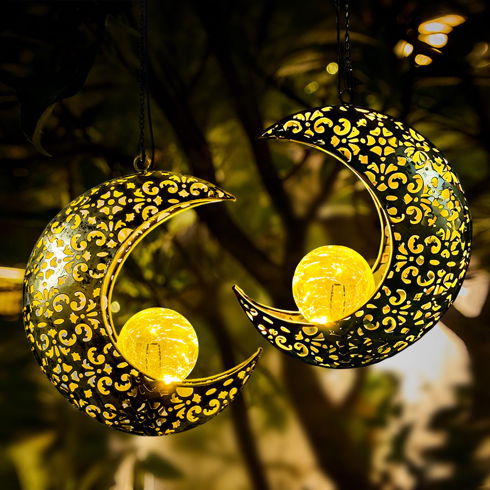 Qcf Solar Garden Hanging Moon Lights Outdoor Decor 2 Pack Metal Lanterns Art Decorations For Outside Yard Lawn Patio Wall Fences Driveway Trail Unique Housewarming Gardening Gifts For Women Mom