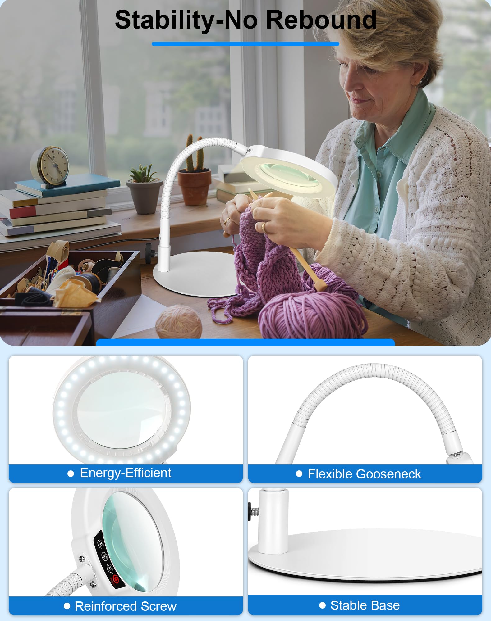 Magnifying Glass With Light And Stand, Hands Free Magnifying Lamp, 5 Color Modes 10 Dimmable Brightness, Metal Base Desk Magnifi