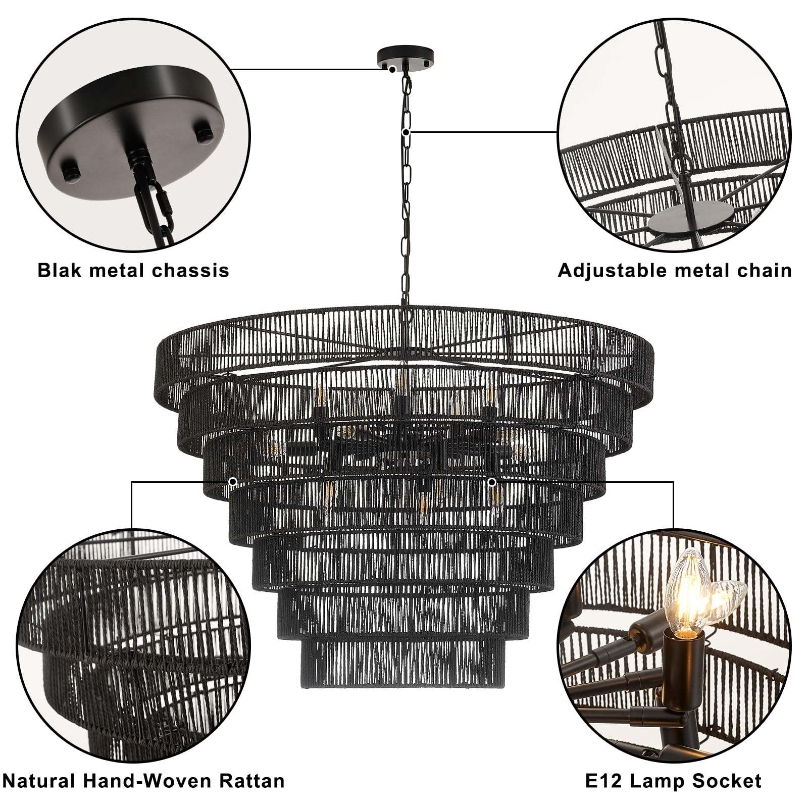 Yomecoo 39.4 Large Black Rattan Chandelier Vintage Farmhouse 15-Lights Boho Hand-Woven Bamboo Chandeliers Light Fixture Rustic D