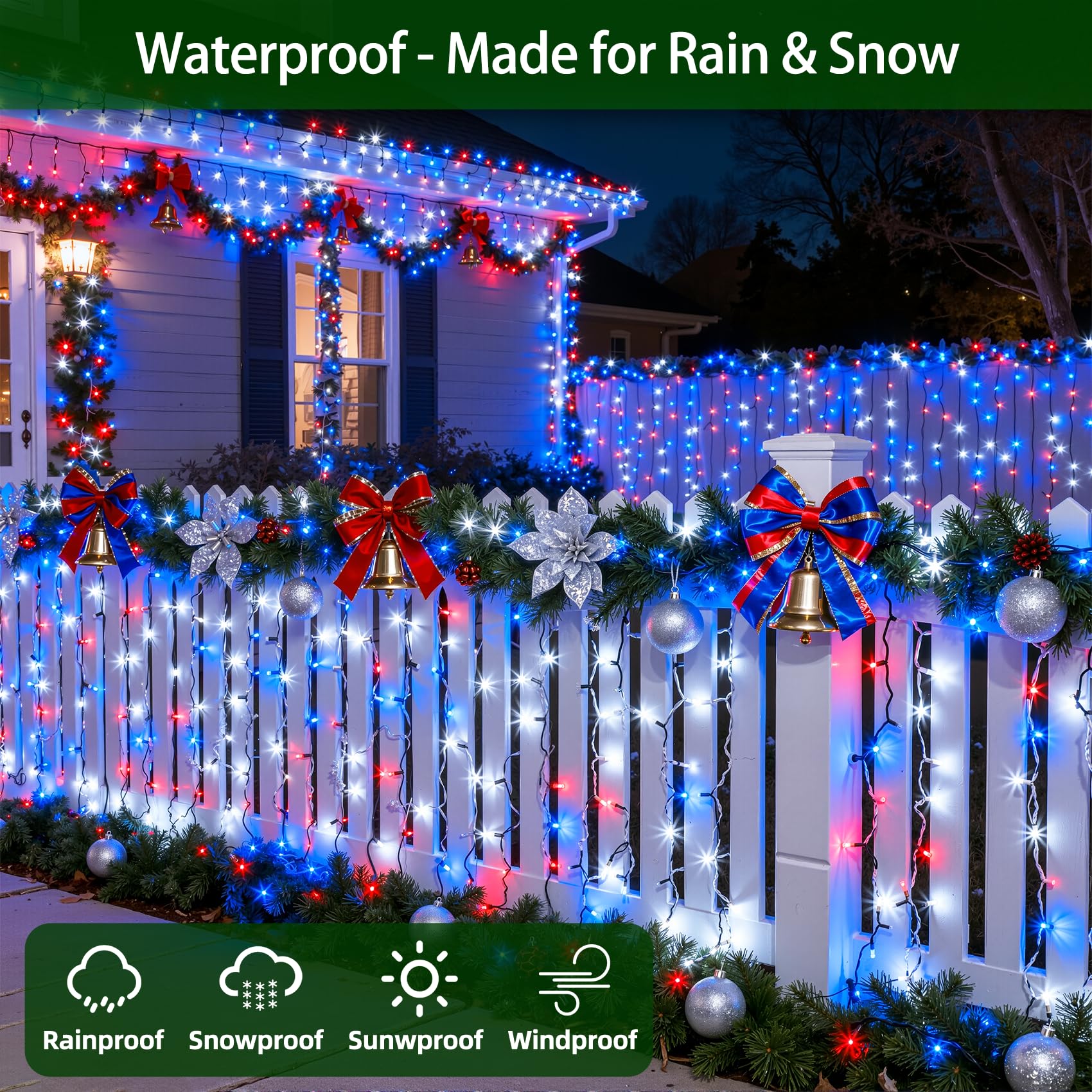 QUHUATU 300LED Christmas Lights, 75ft Red White & Blue String Lights with Timer, 12 Modes for Indoor Outdoor Decor, Model WX-300L