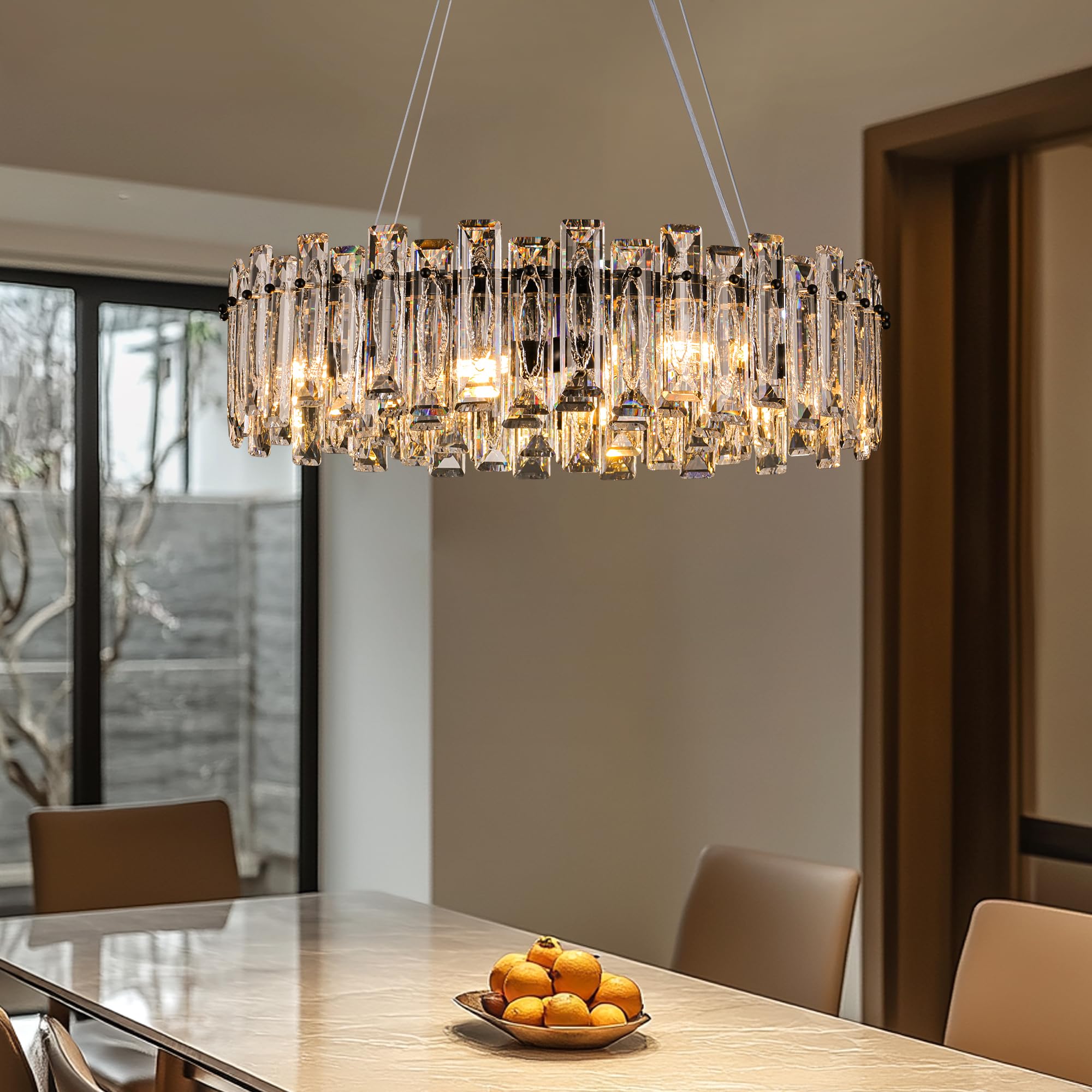Puvaue Modern Elegant K9 Crystal Chandelier 10-Lights Round Pendant Light Easy Install Ceiling Hanging Light Fixture for Dining Living Room Kitchen Island Entryway Foyer D31.5 Black