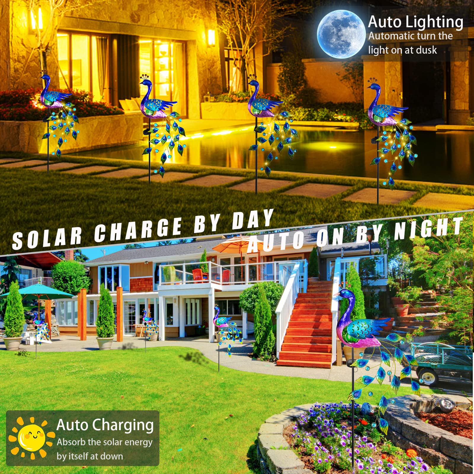 Dreamsoul Peacock Solar Garden Lights Outdoor Decorative Stake, Waterproof Metal Peacock Garden Decor Solar Powered Landscape Le