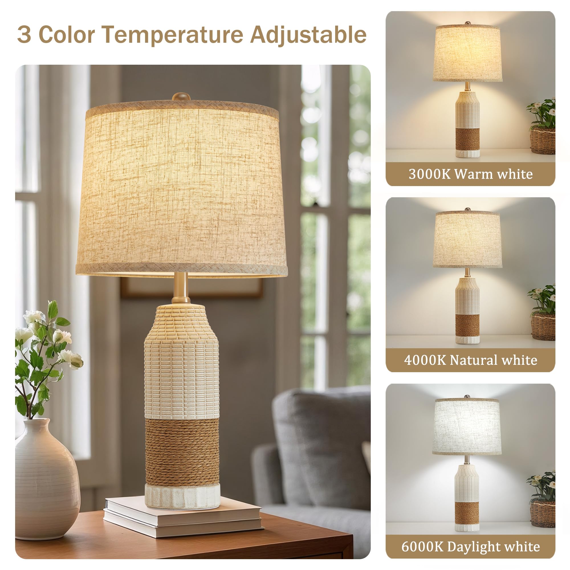 GyroVu Rattan Table Lamps Set of 2 - Vintage Ceramic, 3 Color Temperature, White - Bedside Decor for Bedroom and Living Room, Model G-2TL-130A