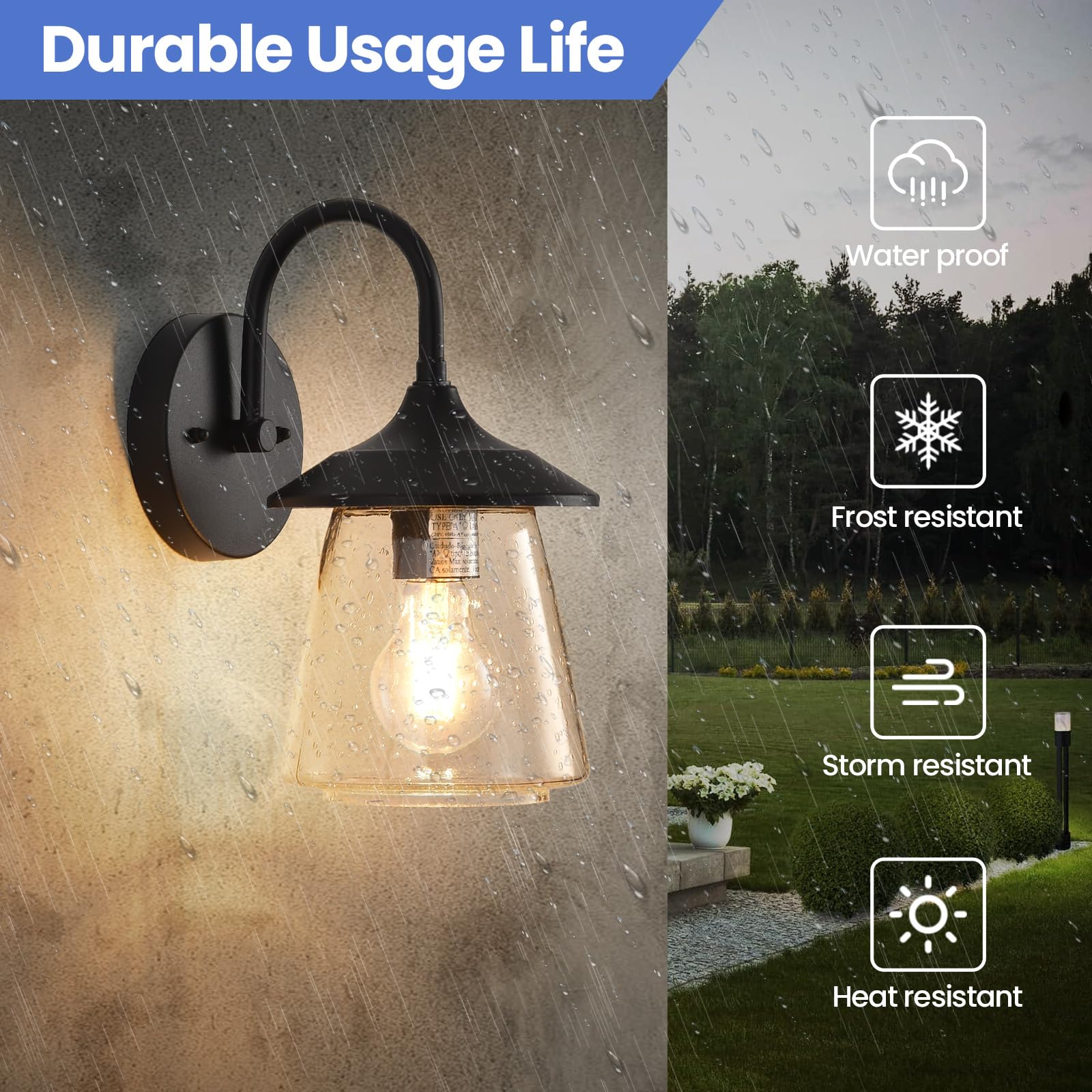 Outdoor Wall Sconce, Exterior Waterproof Wall Light Fixture, Outside Porch Light With Bubble Glass Shade, Matte Black Outdoor Wa