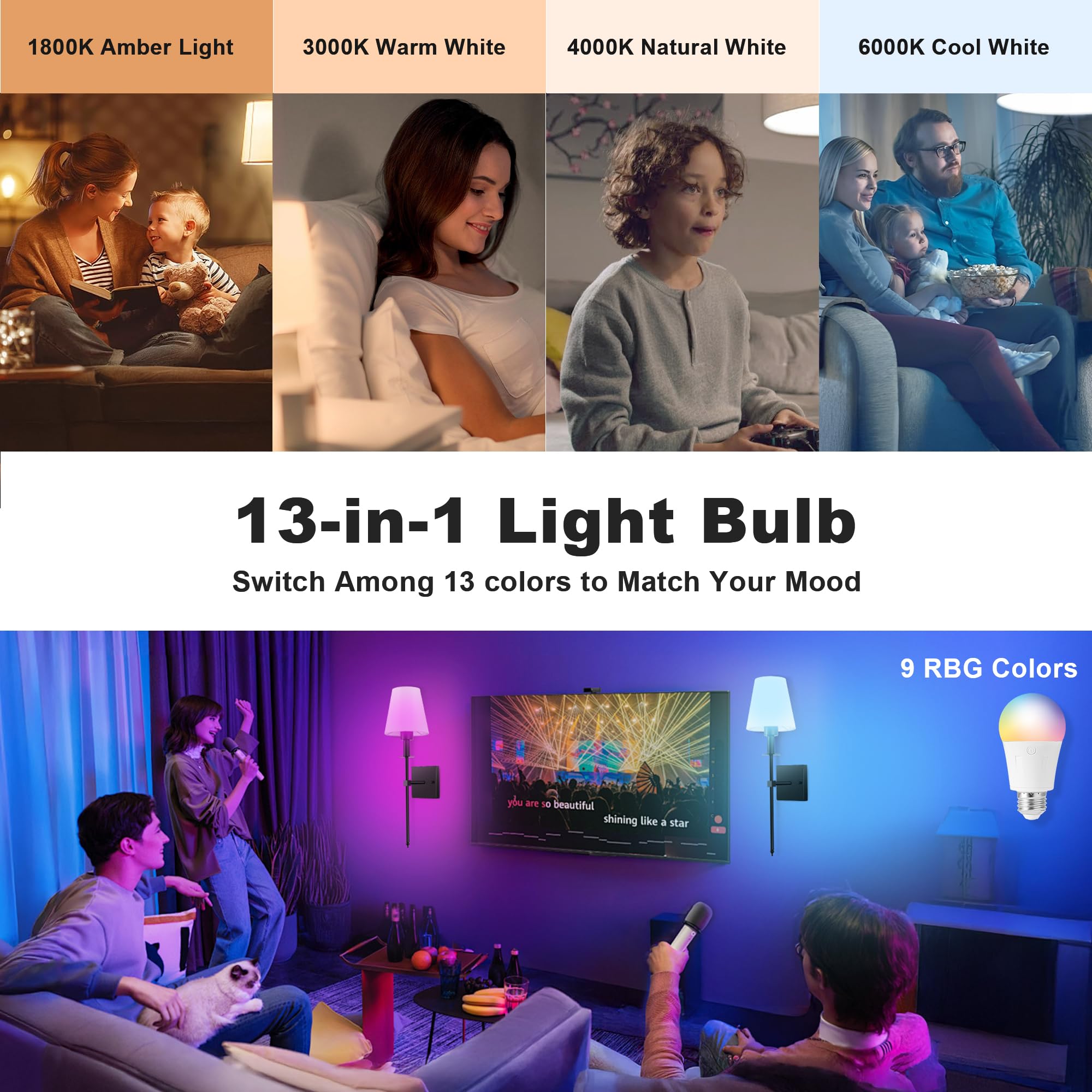 KARTOOSH E26 Rechargeable LED Light Bulbs, Dimmable, Remote Control, 4 Color Temps, 2 Pack, White, ABS Material