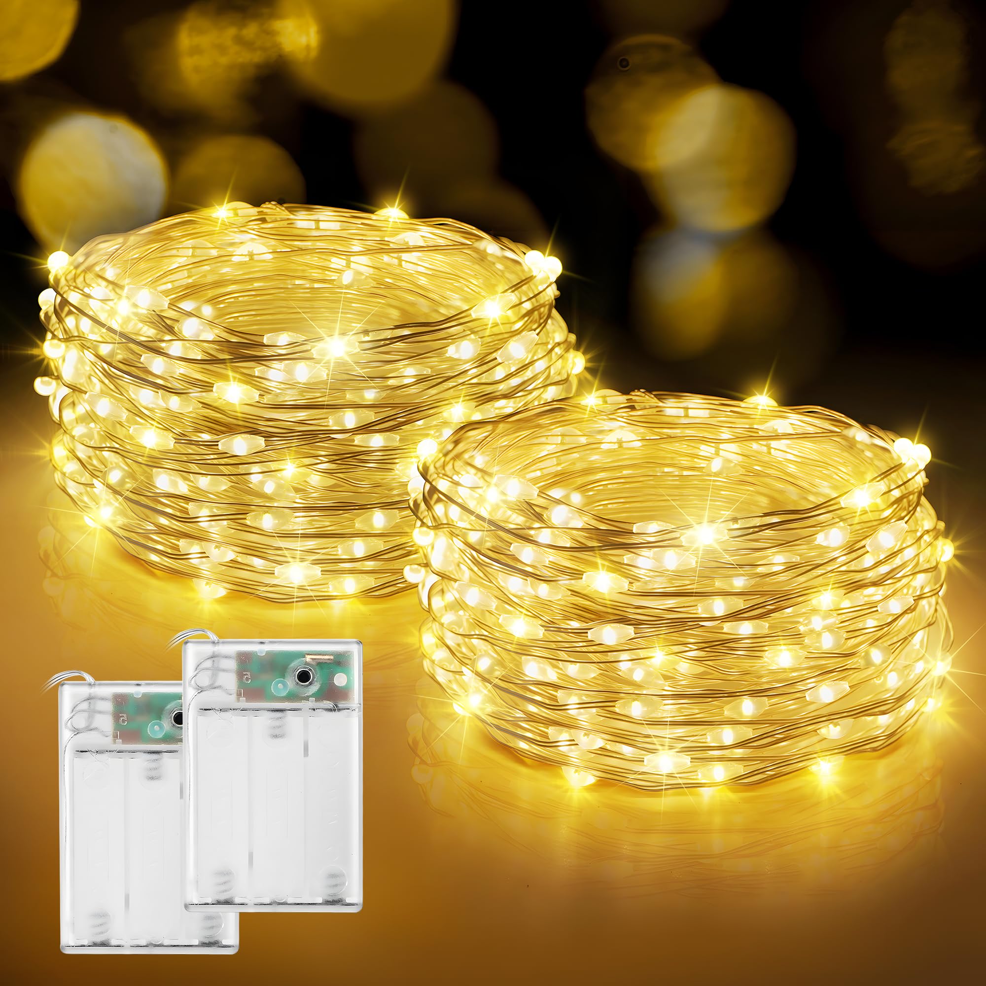 XURISEN Fairy Lights, 33FT 200LED Battery Operated, 8 Modes, Waterproof, Warm White, 2 Pack