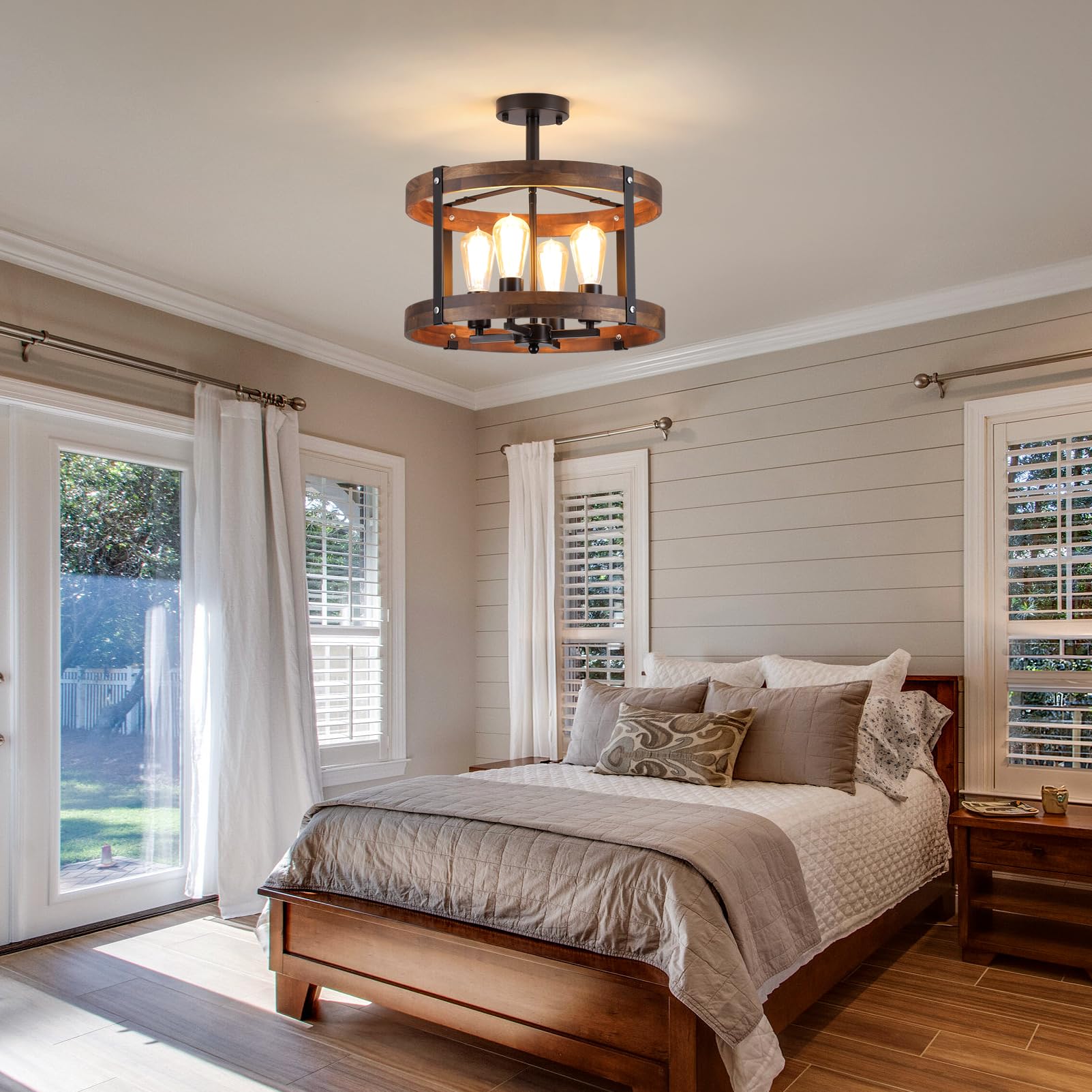 4-Light Large Rustic Farmhouse Flush Mount Ceiling Light Fixture 16.5 Inch Oak Wood Round Drum Semi Flush Mount Ceiling Light Fo