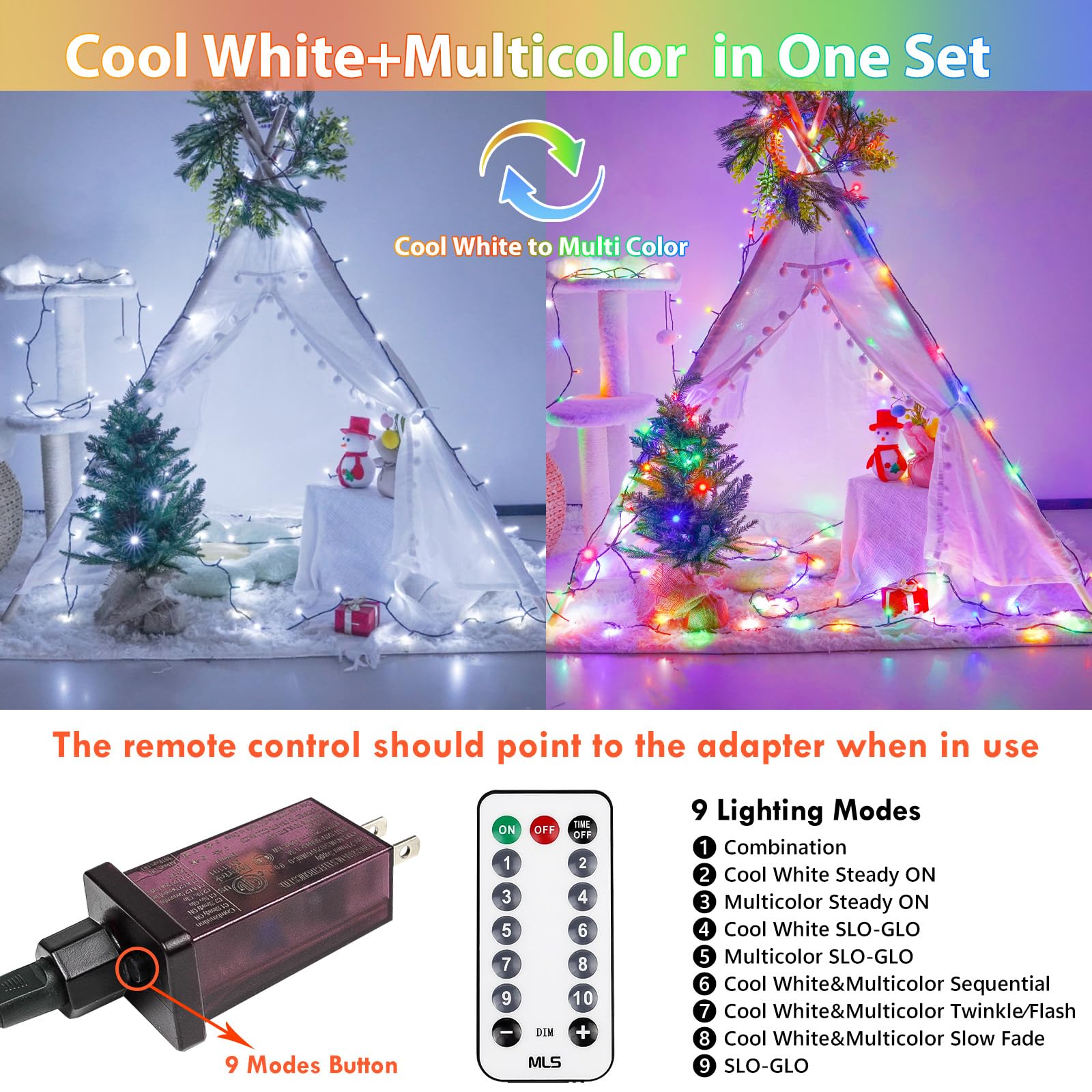 YIQU 82FT 200 LED Color Changing Christmas String Lights, Waterproof, Remote & Timer, 9 Modes, Cool White & Multicolor