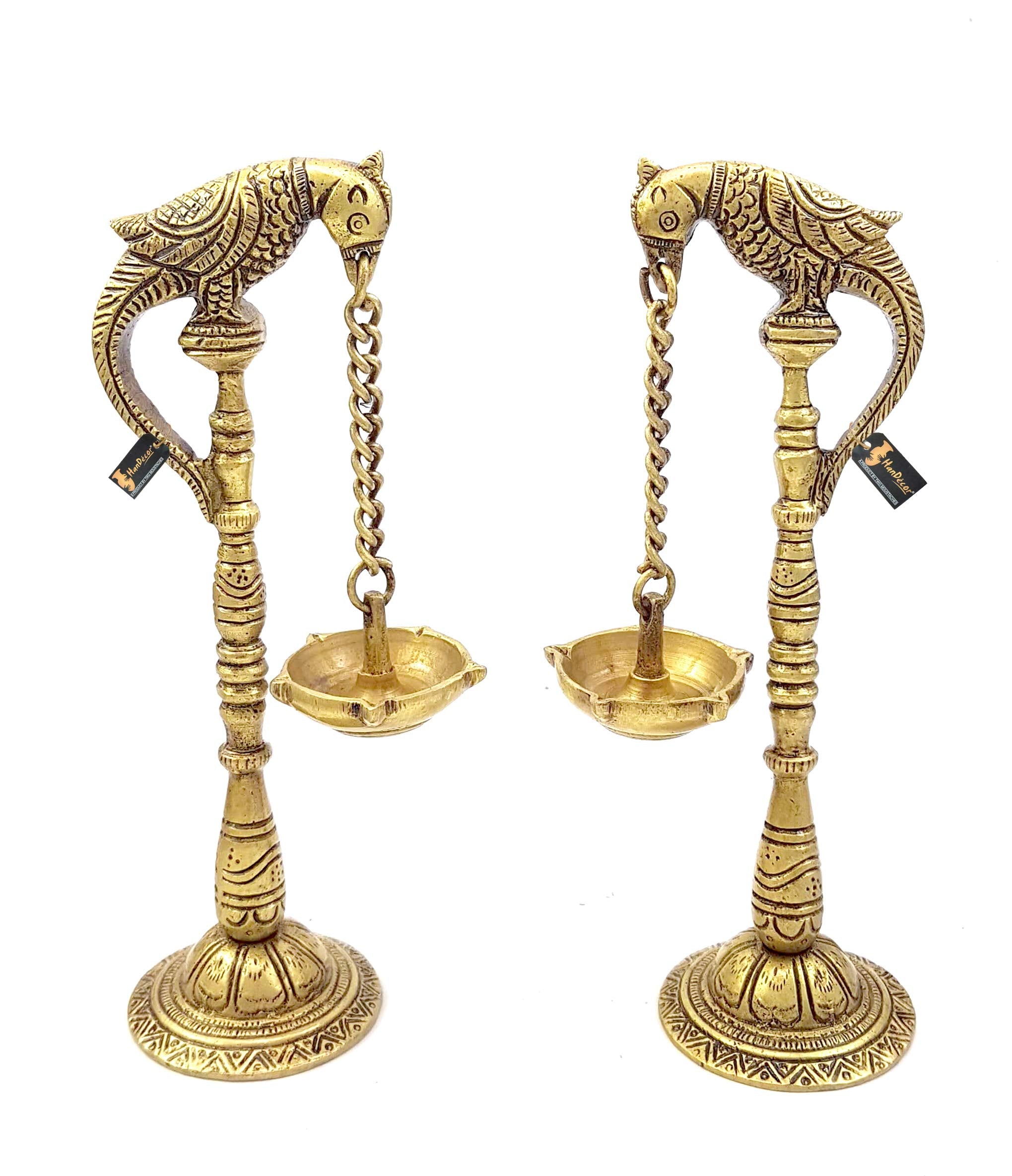 Two Moustaches Parrot Design 7.5 Inches Brass Hanging Diya Pair (Pack of 2), Antique Yellow, Standard