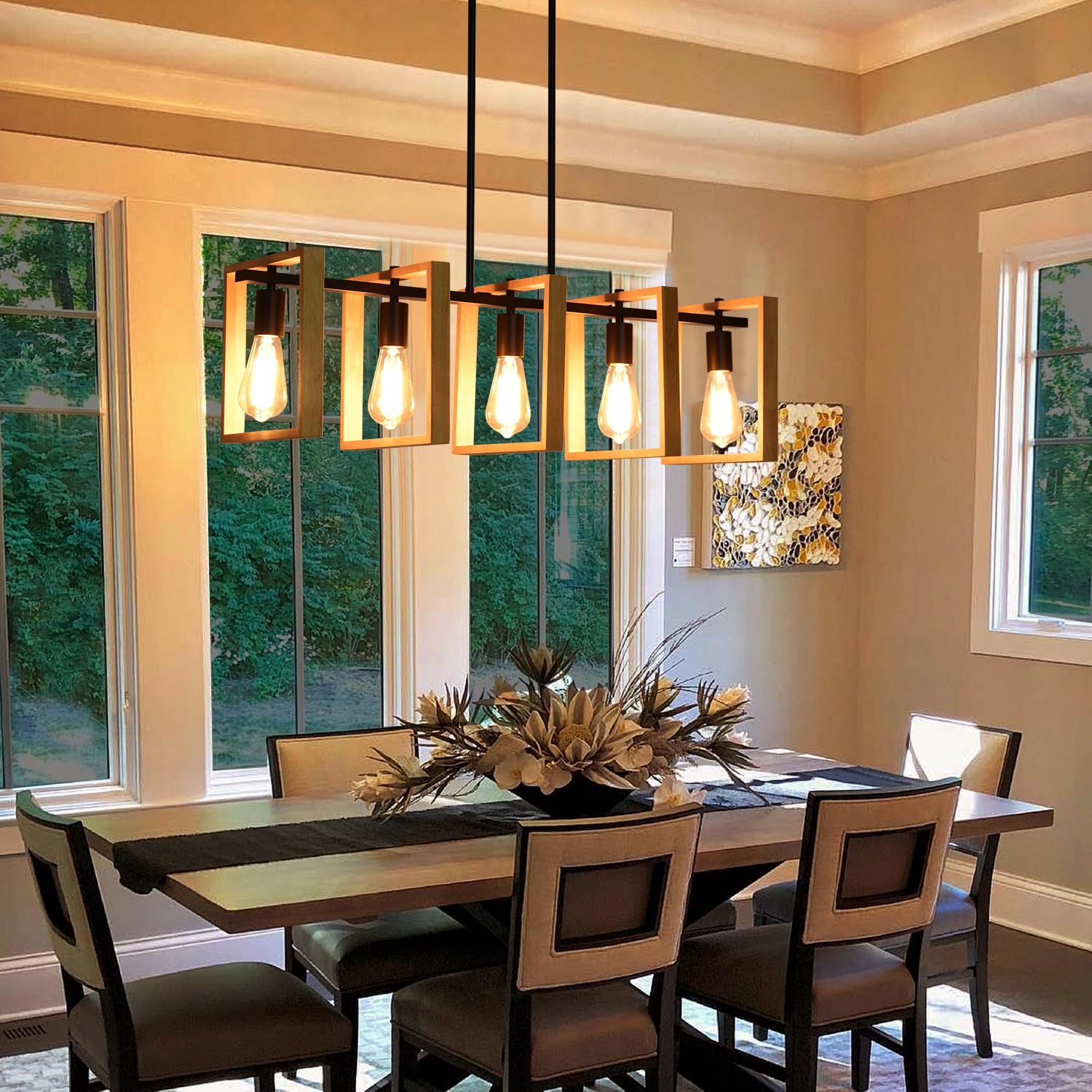 Kitchen Island Lighting Hanging For Farmhouse Linear Chandeliers Modern Chandelier Over Table  Matte Black Rustic Wood Ceiling Pendant Light Dining Room Hanging Light Rustic Wood