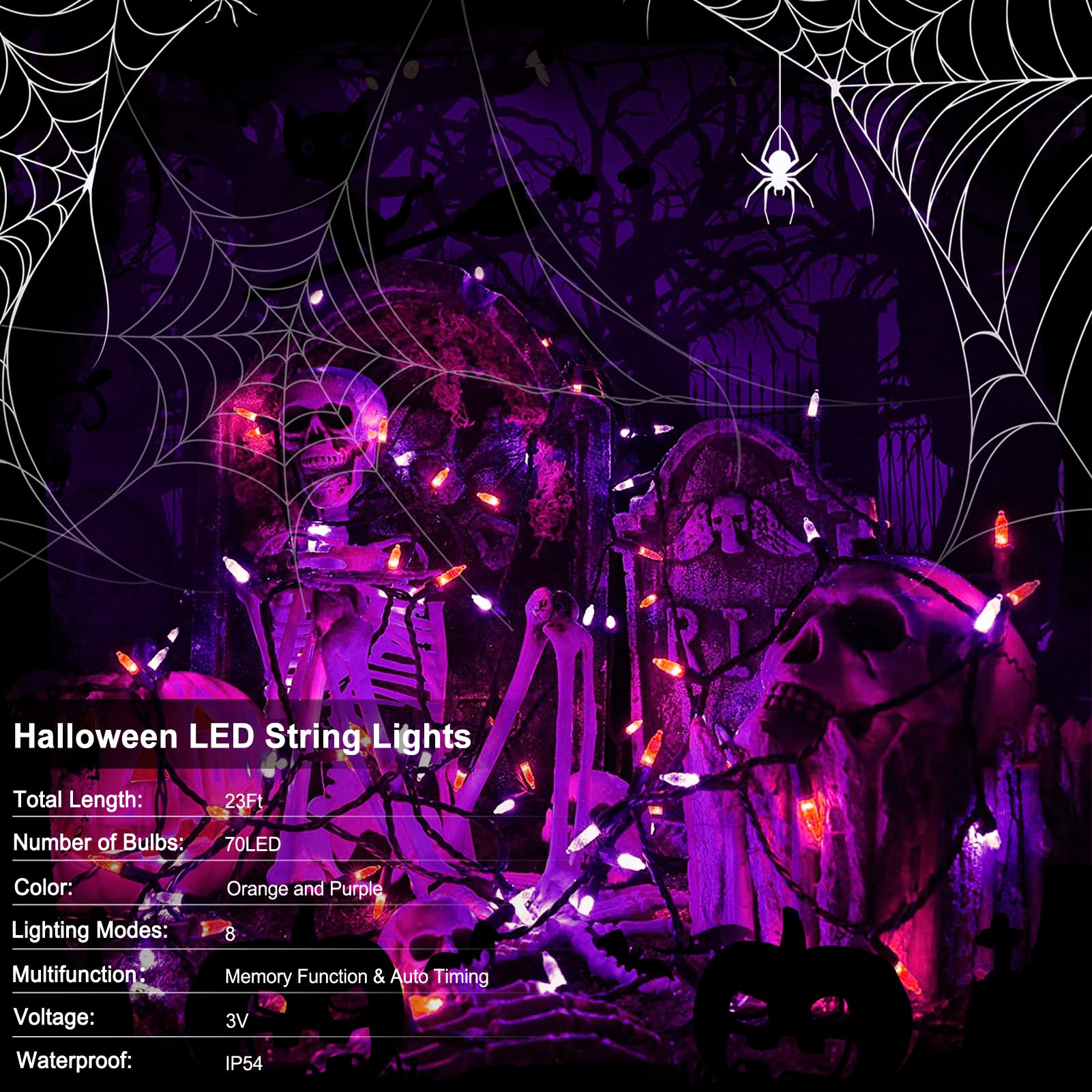Orange Purple Halloween Lights Battery Operated, 2 Pack Total 46Ft 140 Led Mini String Lights With Timer 8 Modes Twinkle Lights