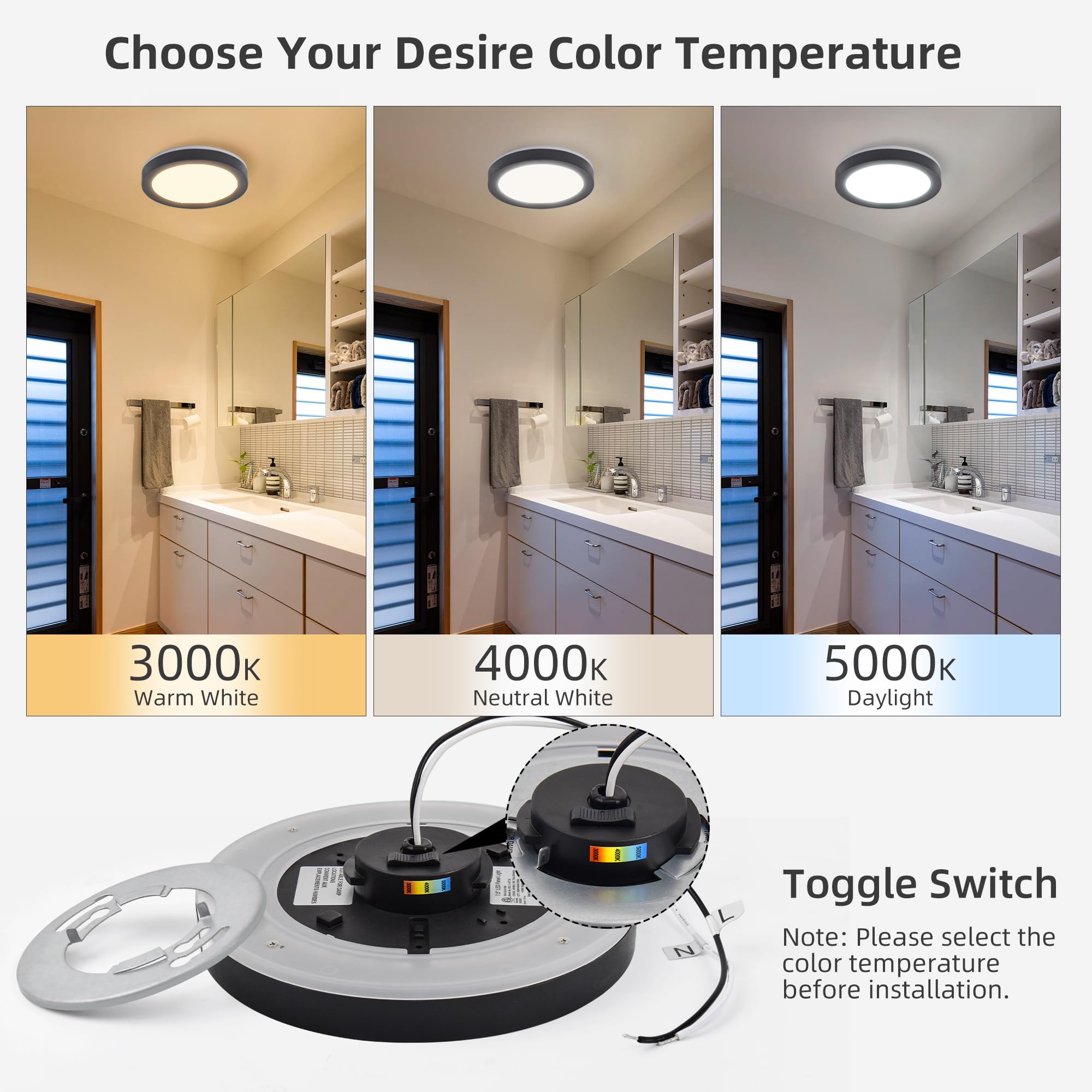 Hlite 7.5 Inch Flush Mount Led Ceiling Light With Night Light, Cri90, 15W, 1500 Lm, 3000K/4000K/5000K Selectable, Flat Round Led