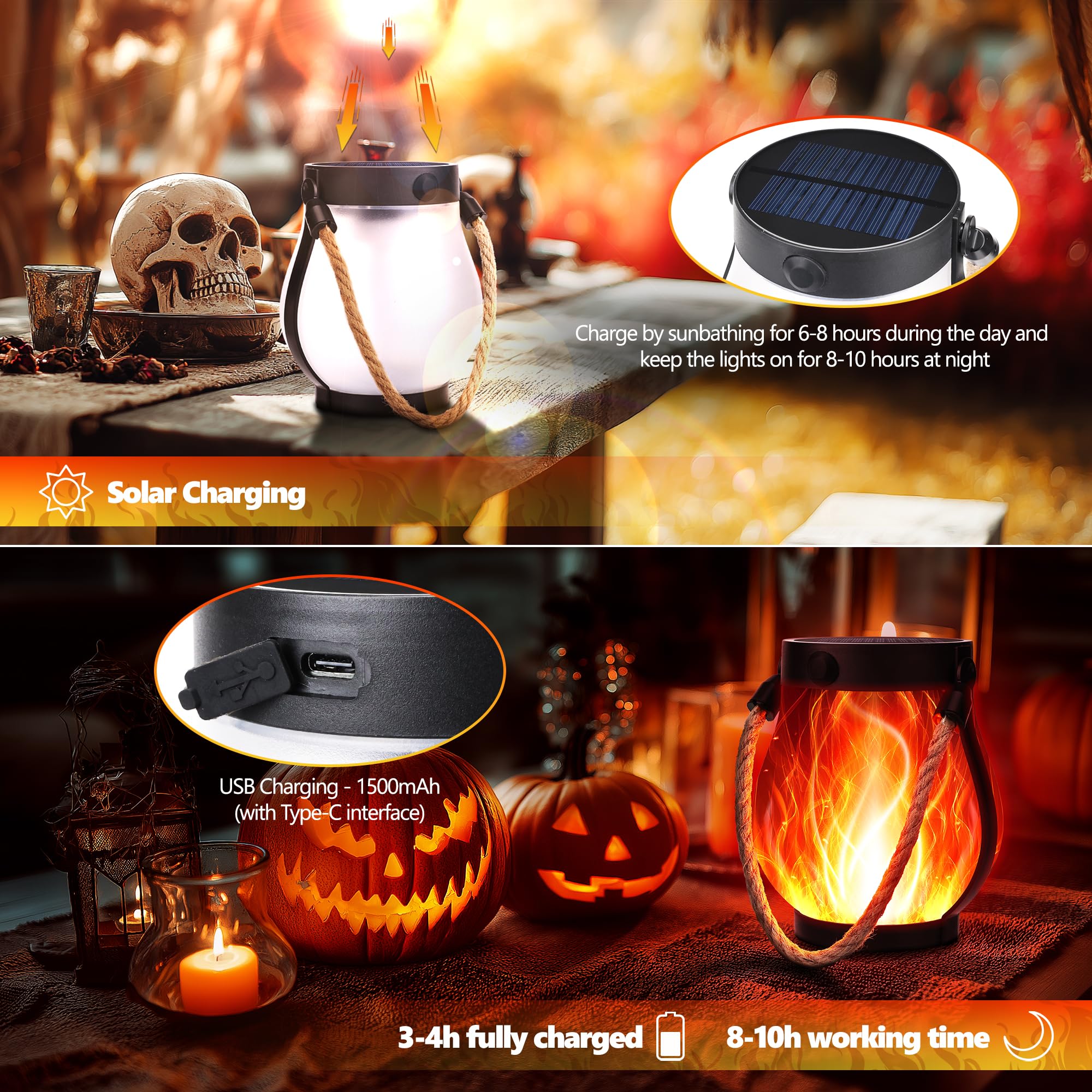 Ibaycon 2 Pack Solar Lanterns Lights  Halloween Flickering Flame Garden Lights With 2 Modes Dual Charging Usb & Solar  Outdoor Waterproof Hanging Lantern For Party Holiday Halloween Decor (Red)