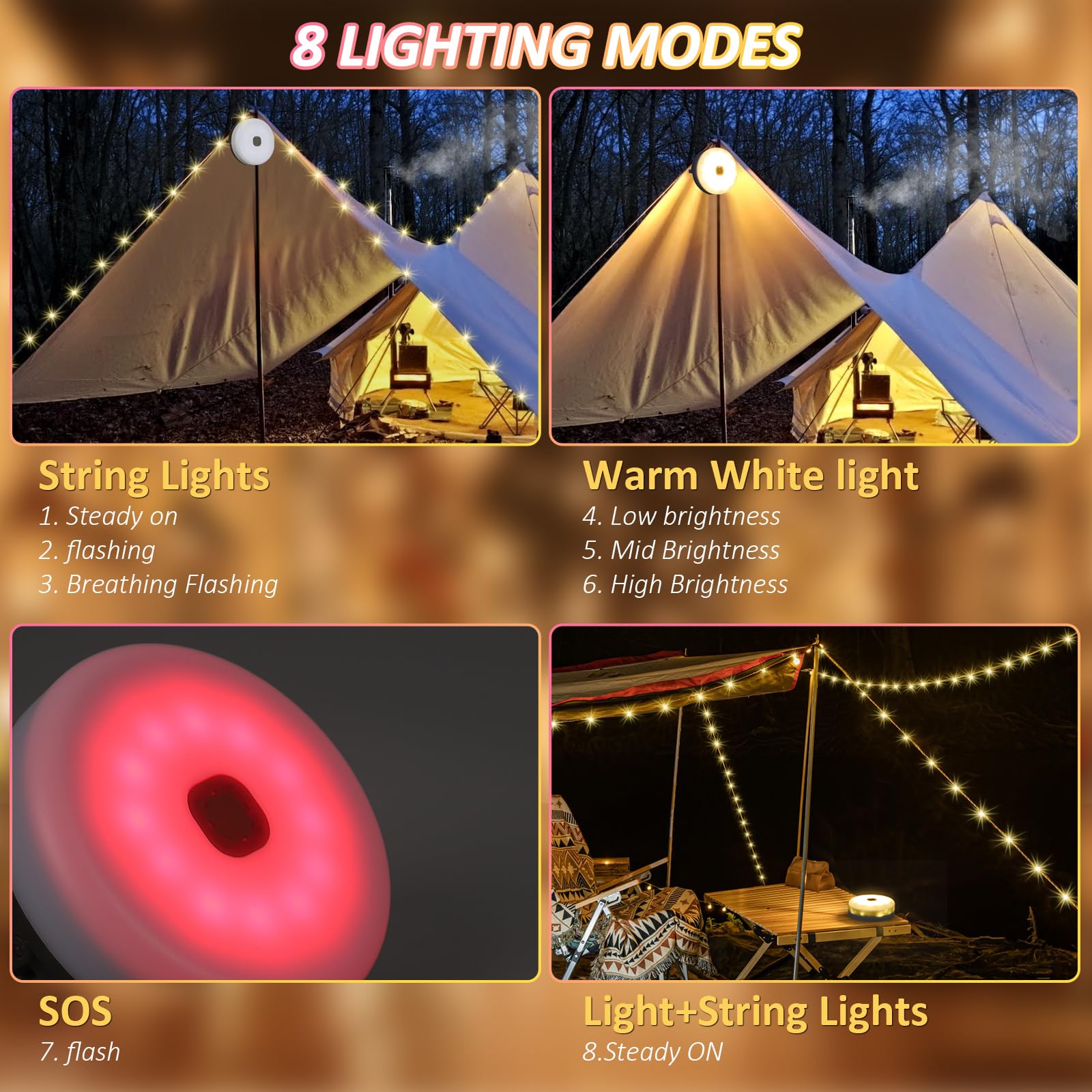 UOUNE Solar Camping String Lights, 39.4FT, Waterproof, 8 Lighting Modes, Rechargeable, Remote Control, Green & White, Model HG04776