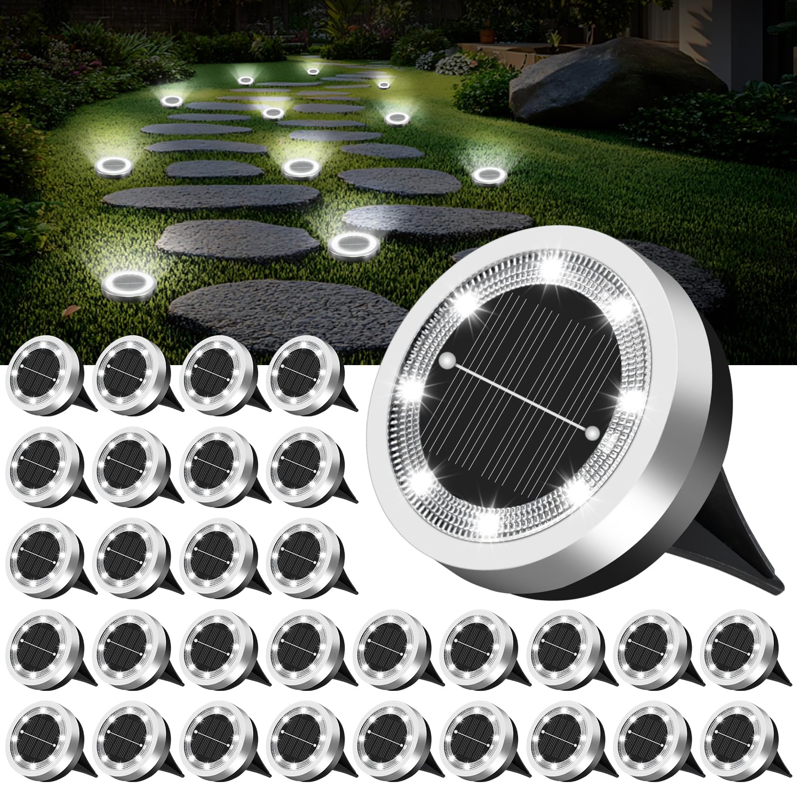 Mini Solar Ground Lights Outdoor 32 Pack Waterproof Upgraded Anti-Rust Solar Flat Garden Lights Stainless Steel Solor Powered Di