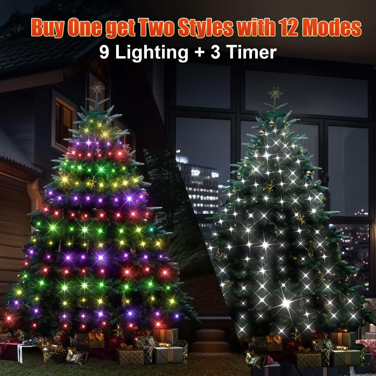 12 Modes Easy Christmas Tree Lights With Ring Indoor Outdoor - 8.2Ft X 12 Lines String 348 Led Timer Dimmable Remote Waterproof Lights For 7.5 8 9 10 Ft Xmas Tree Decor (Cool White Or Multicolor)