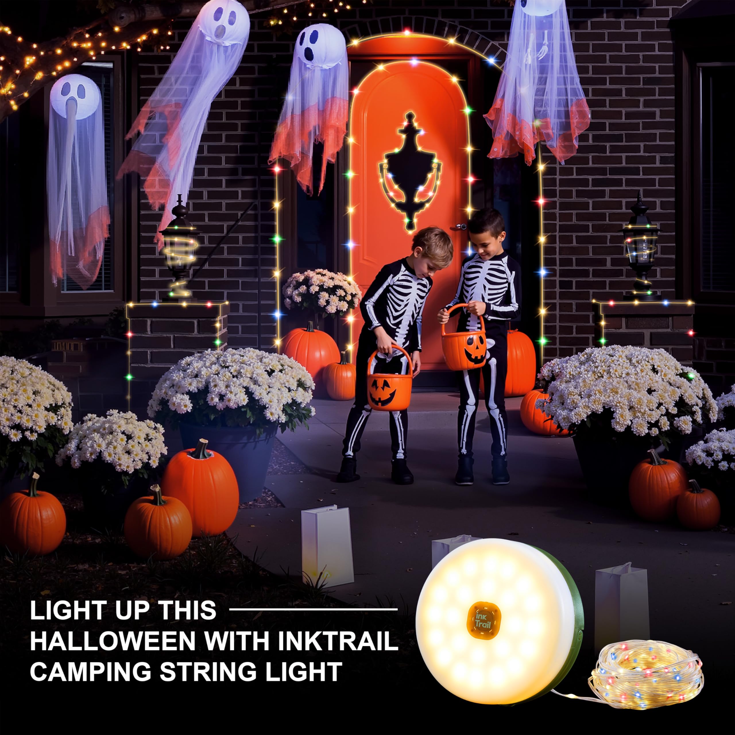 InkTrail Solar Camping String Lights 33FT, Waterproof, Green, 13 Lighting Modes, Rechargeable, Model CSL000