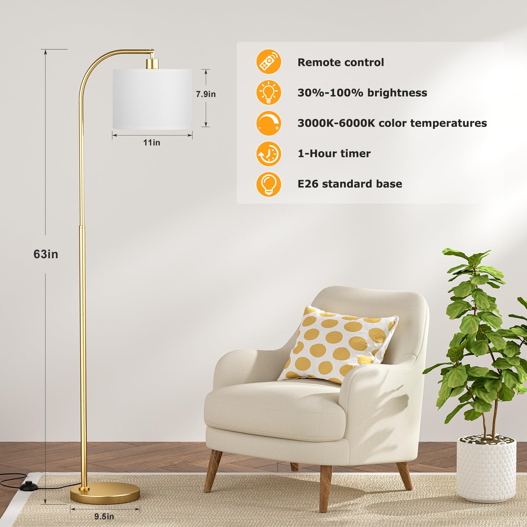 Arc Floor Lamp With Remote And Stepless Dimmable Bulb, Colors Temperature & Brightness Adjustable, Gold Floor Lamps For Living R