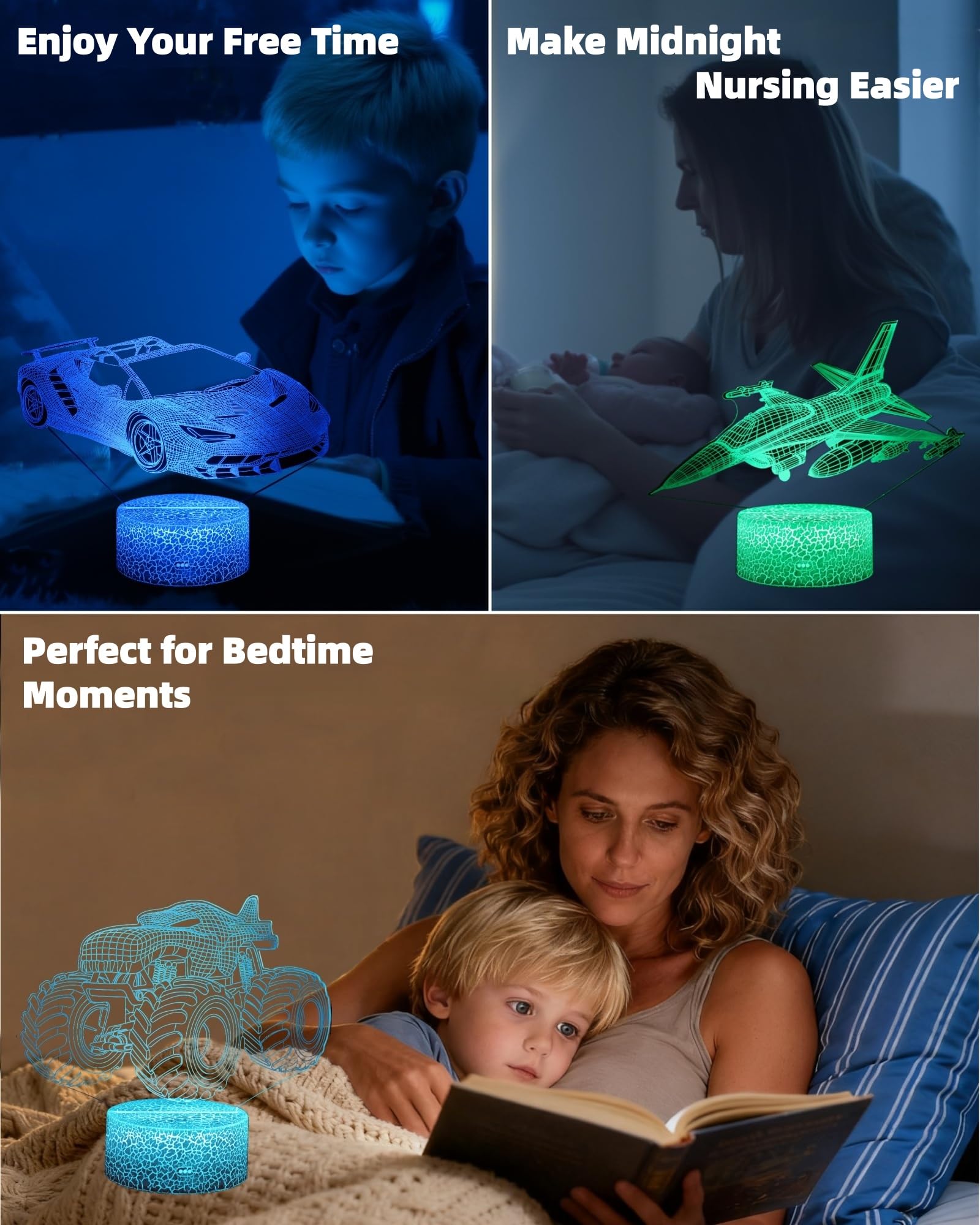 Kenmaca Car Monster Truck Plane Night Light for Boys Bedroom, 3D Illusion Lamp 3 Patterns 16 Colors Changing Dimmable Room Decor