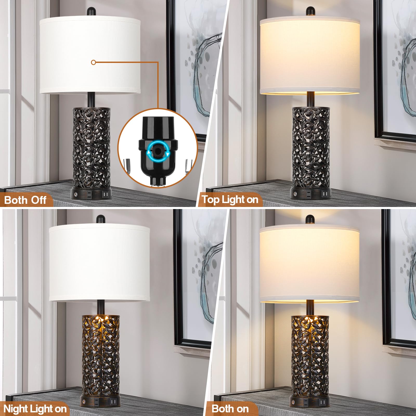 Cinkeda Vintage Lamp For Living Room Set Of 2,Rustic Retro Bedside Nightstand Lamps With 2 Usb Ports & Ac Outlet,Touch Control I