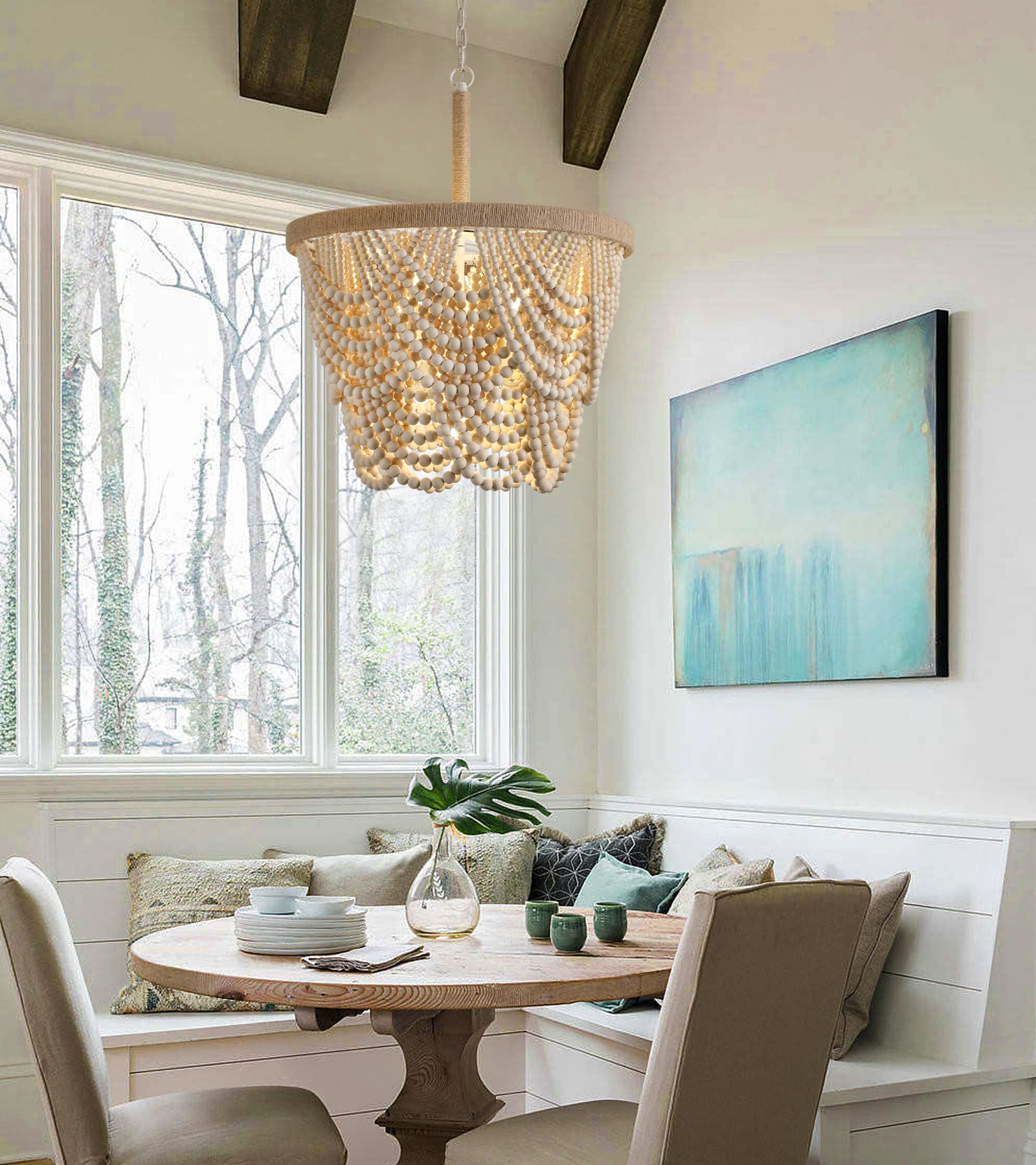 Q&S Boho Wood Beaded Chandelier, 5 Lights 20IN, Farmhouse Coastal Design, UL Listed, Ideal for Dining Room & Living Spaces