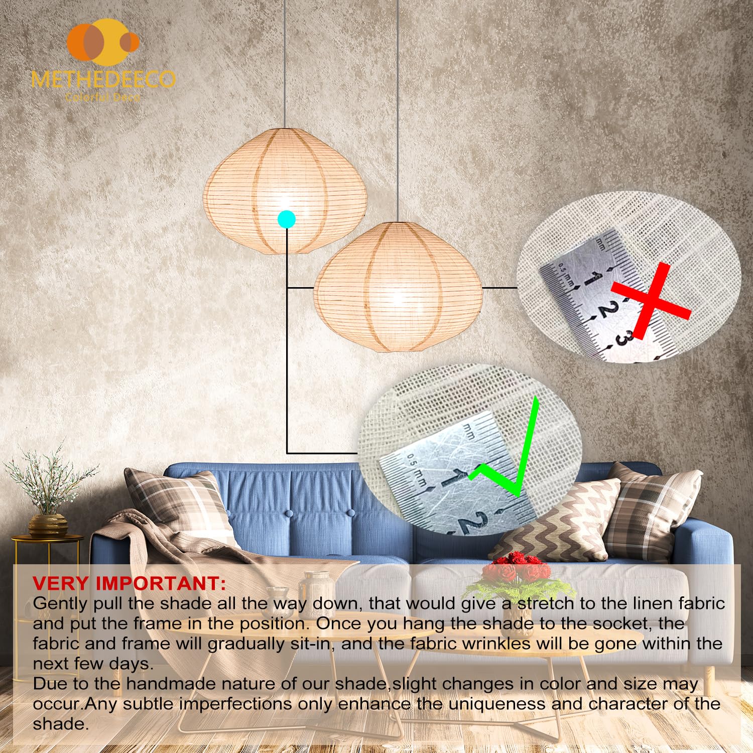 Methedeeco 2Pcs 16-Inch Handmade Linen Pendant Light Shades Fabric Lampshade, Minimalist White/Beige, Foldable Hanging Lanterns For Bedroom, Living Room, Kitchen Showcase Window House Gift Idea