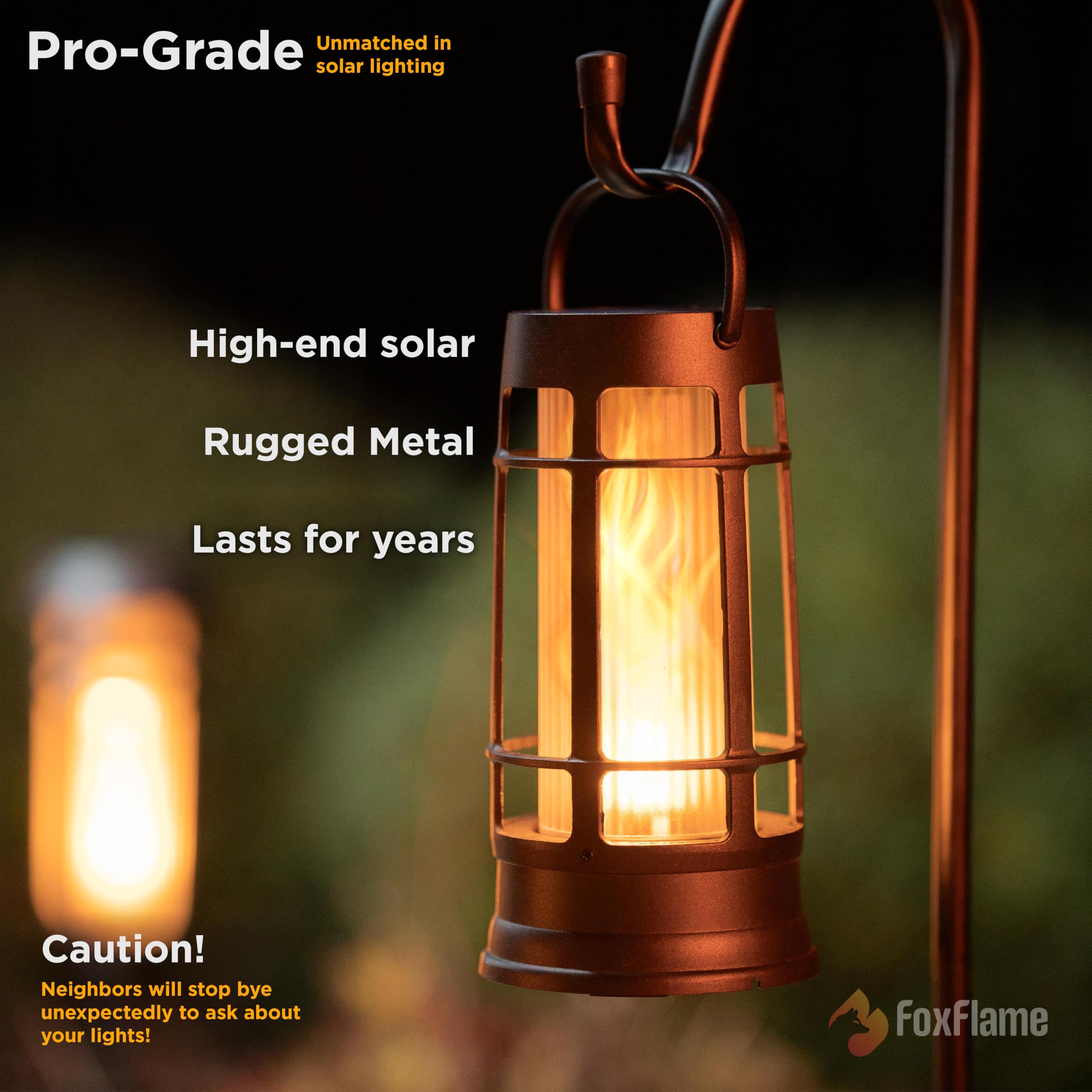 FOXFLAME Metal Outdoor Solar Lanterns, Waterproof Flickering LED