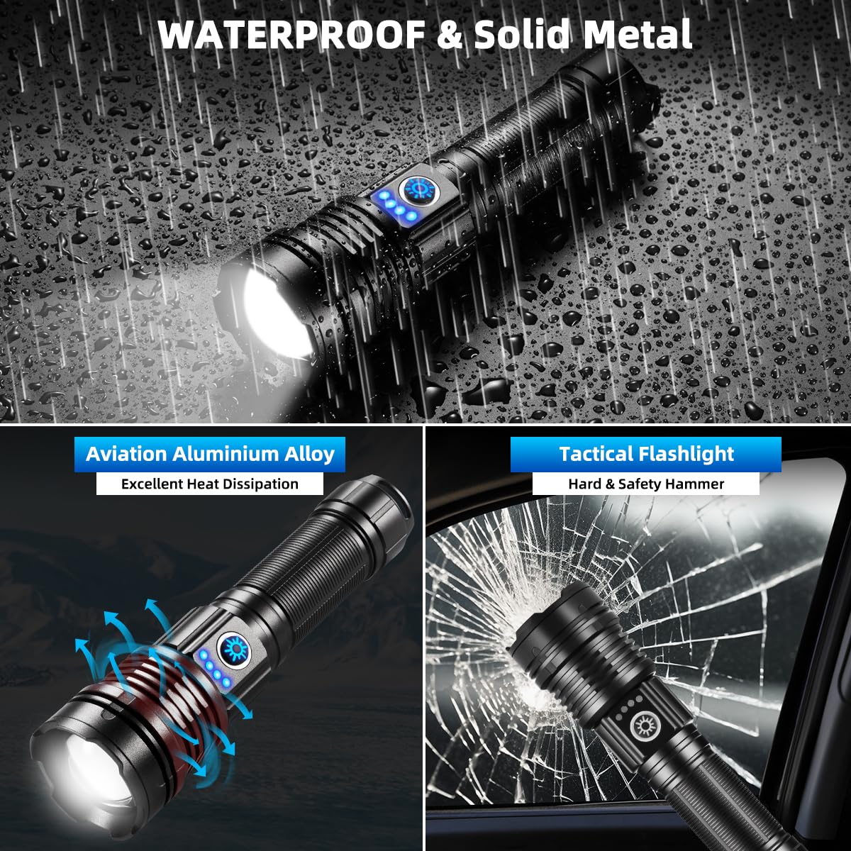 WopkDupk LED Flashlight, Super Bright 5-Mode, Rechargeable, Adjustable Focus, X70-Pro, Black