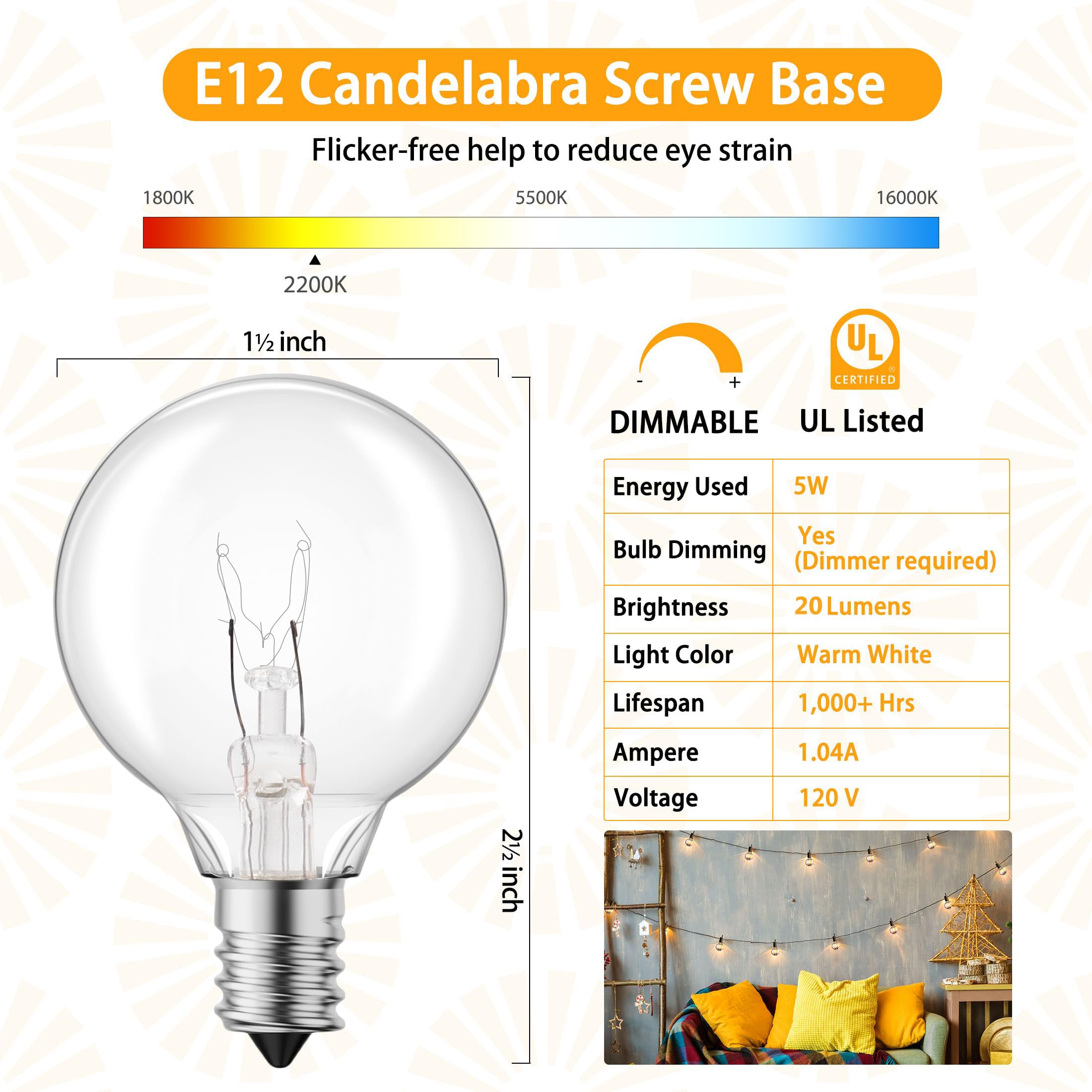 Brightown G40 Replacement Light Bulbs, 5W Clear Globe Bulb Fits E12 C7 Candelabra Screw Base Sockets, 1.5 Inch Dimmable Light Bu