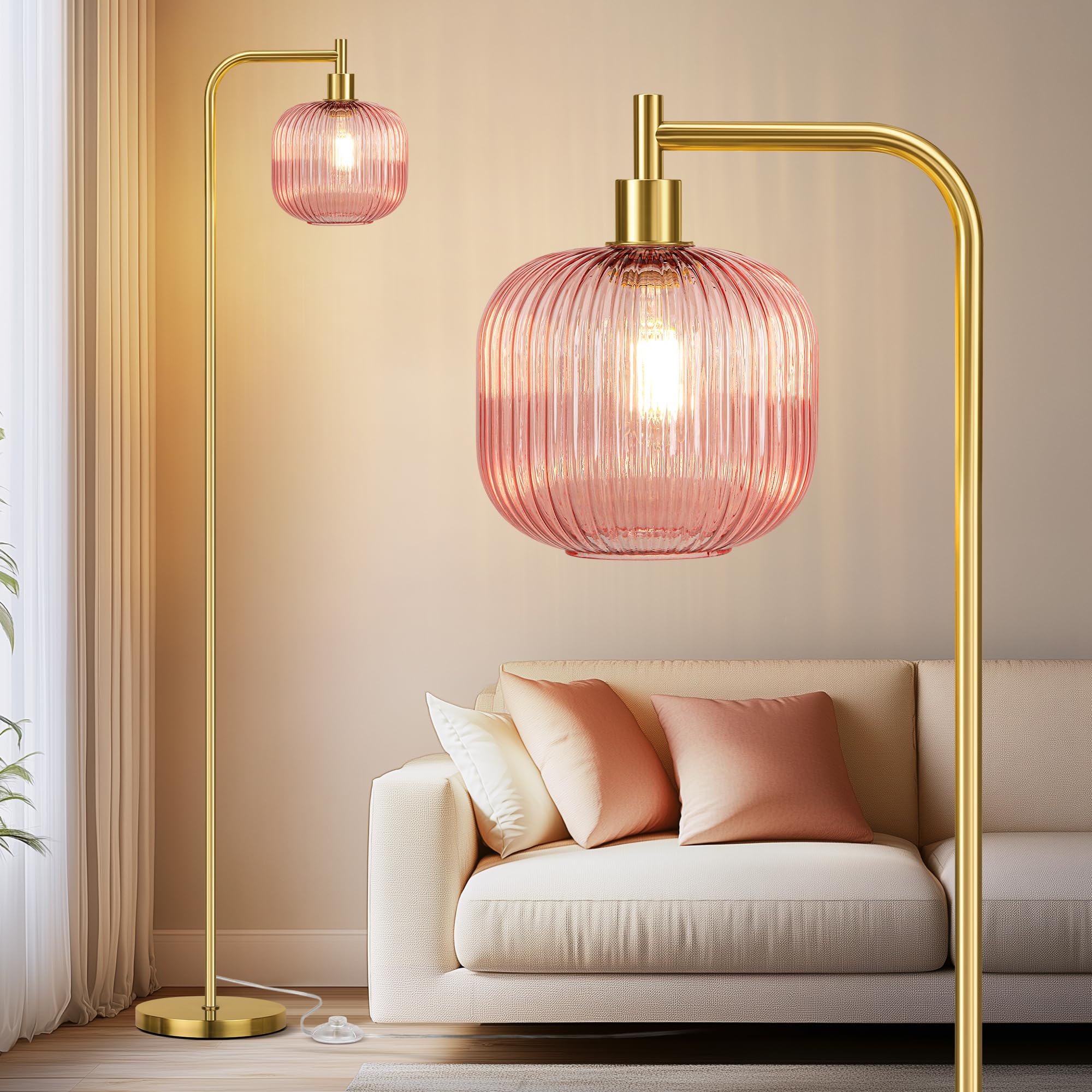 QiMH Glass Floor Lamp for Living Room  67  Modern Standing Lamp with Pink Ribbed Glass Lampshade Pedal Switch Tall Lamp for Bedroom  Brushed Gold (2700K LED Bulb Included)