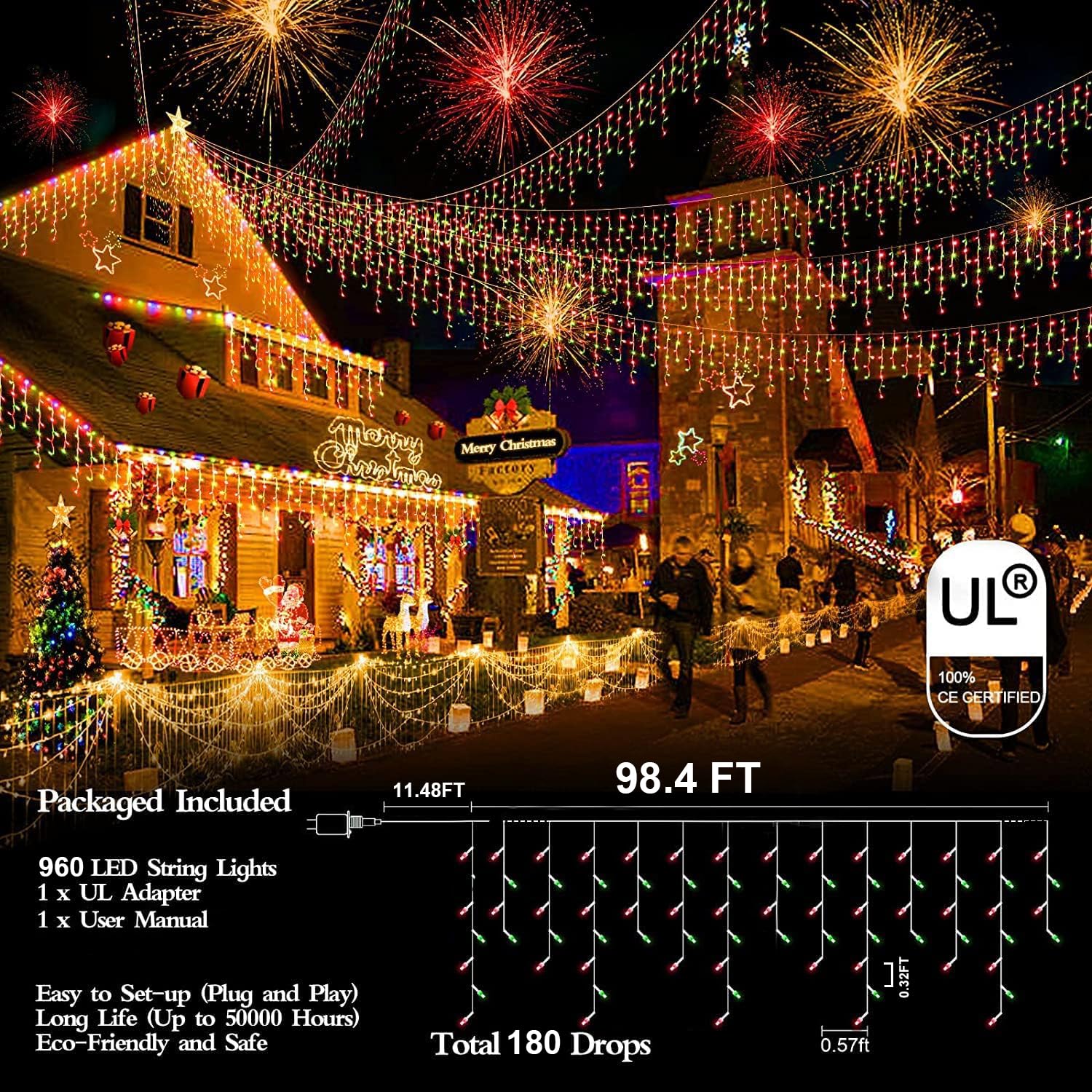 FLVOECN 960 LED Christmas Lights, 98FT, Waterproof, Dimmable, 8 Modes, Red & Green, Model YQS-200L, Indoor/Outdoor Decor