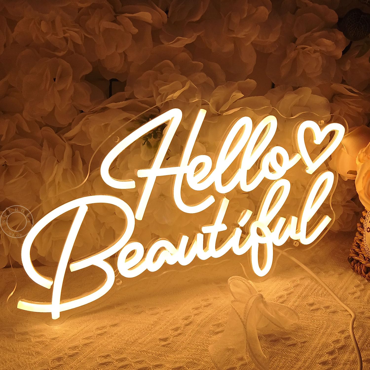 SYLHOME LED Neon Sign - inHello Beautifulin - Acrylic Wall Decor - Warm White - 15.75in x 8.7in - Girls Room, Bar, Club, Party Gifts