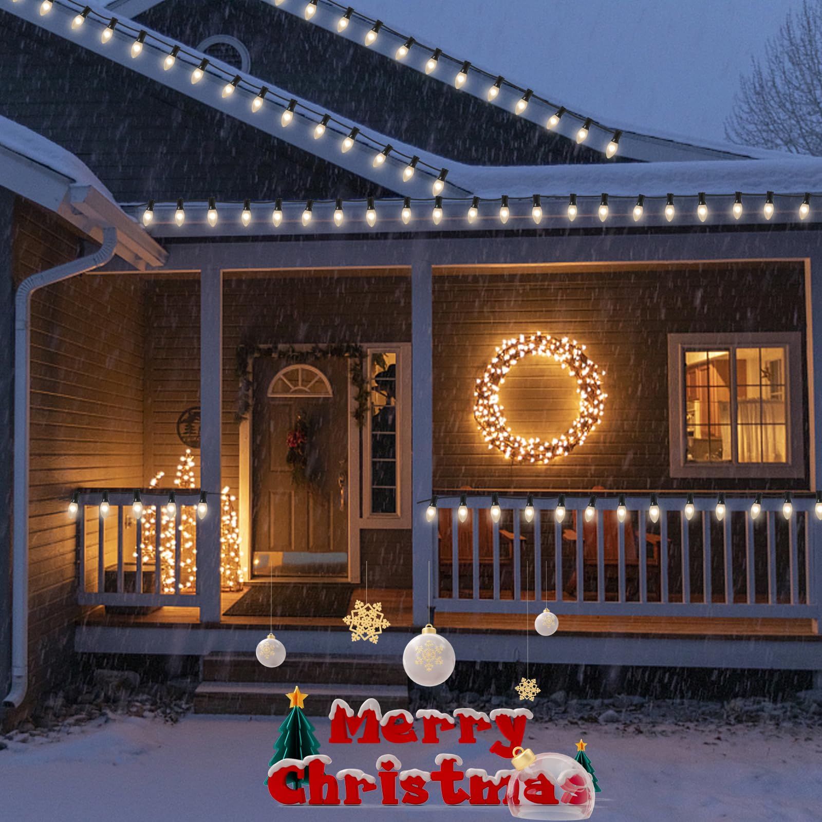 C9 Outdoor Christmas String Lights, 25Ft Christmas White String Lights With 26 Frosted White Light Bulbs(1 Spare), Hanging Backy