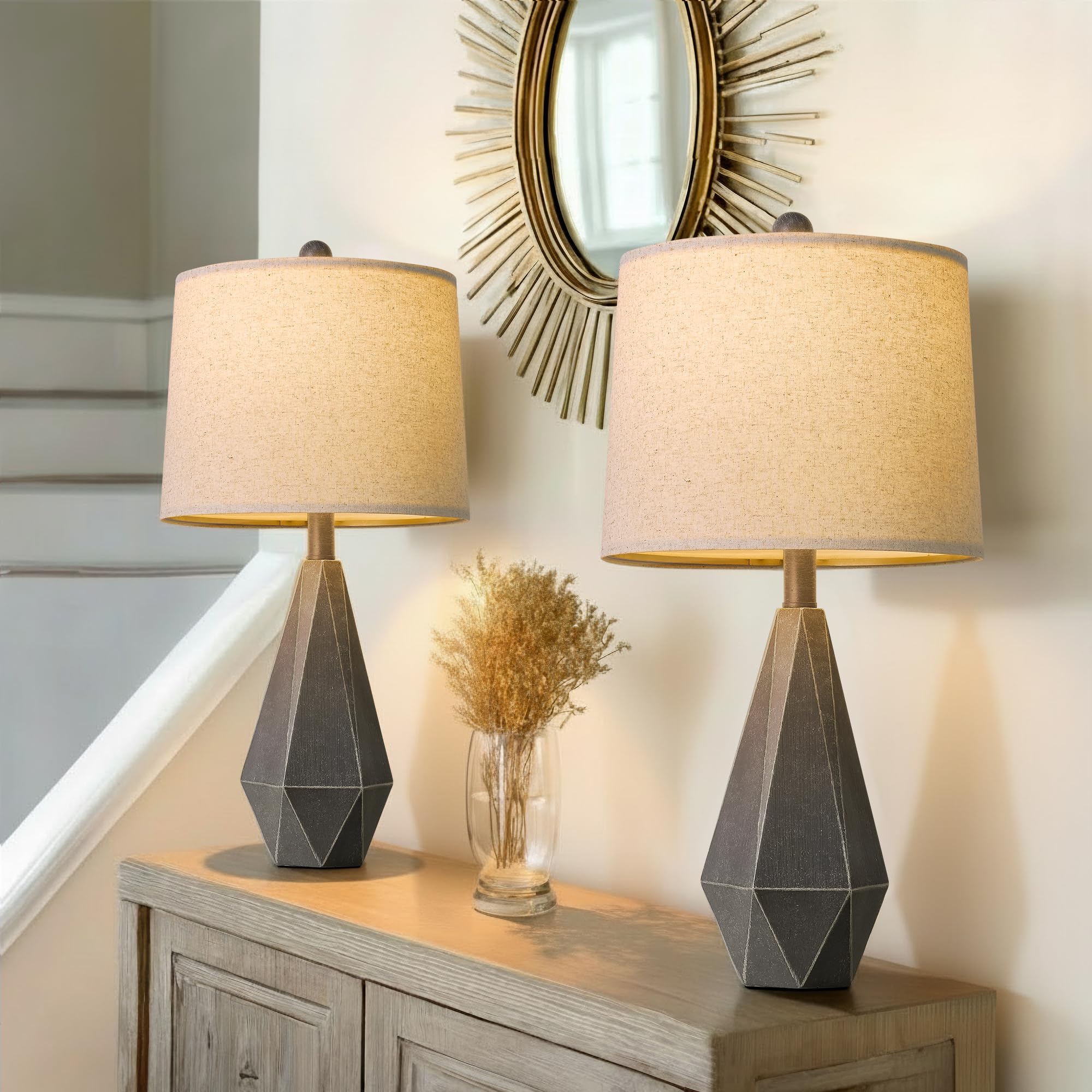 PoKat 23 Table Lamps Set of 2 for Living Room Bedroom  Farmhouse Bedside Lamps  Resin Vintage Lamps for Night Stands  Office Sideboard Guest Room Hallway (Deep Gray)