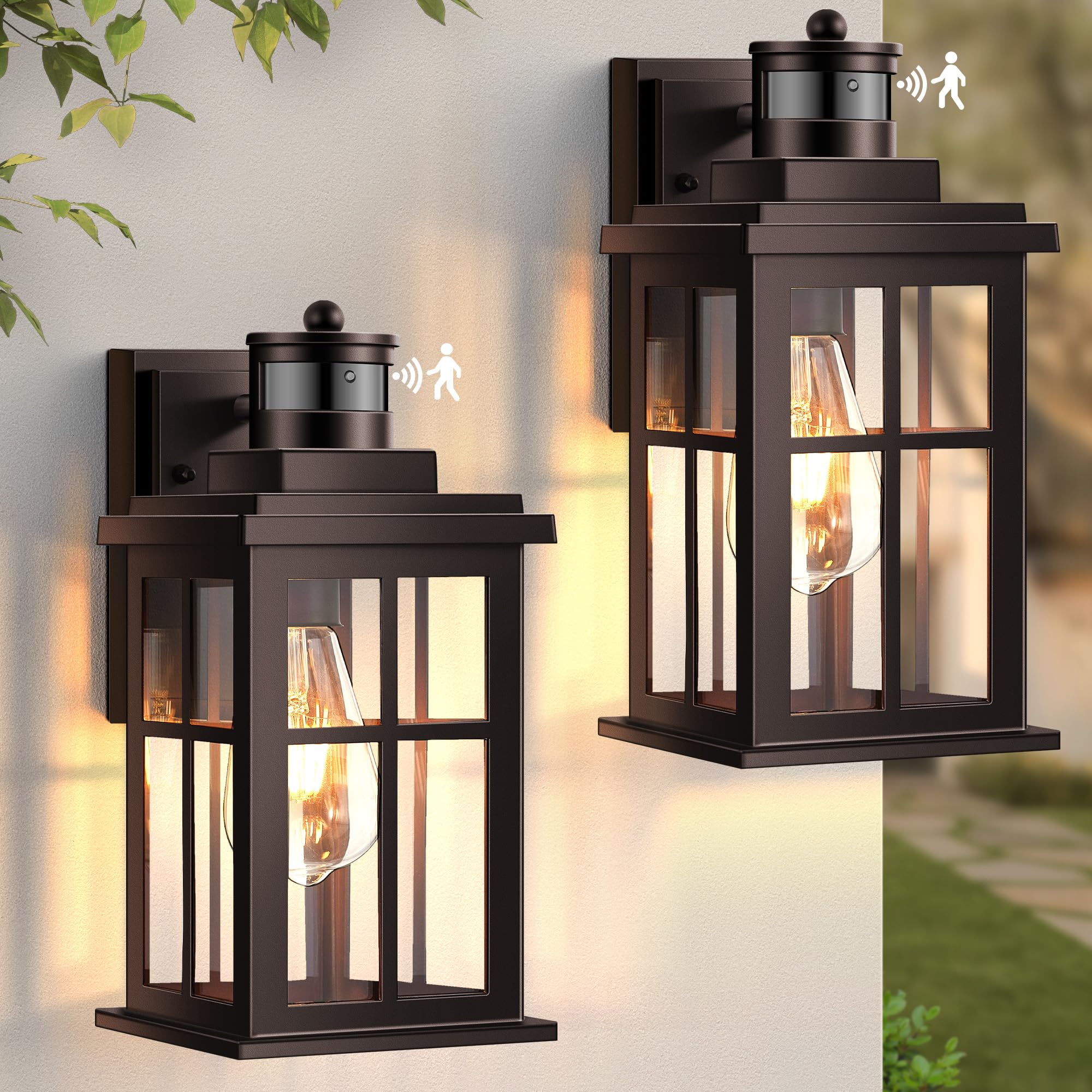Opaxis Outdoor Motion Sensor Light, 2 Pack Outdoor Sconce, Bronze Motion Sensor For Outside, Anti-Rust, Outdoor Light Fixture With Tempered Clear Glass, Waterproof