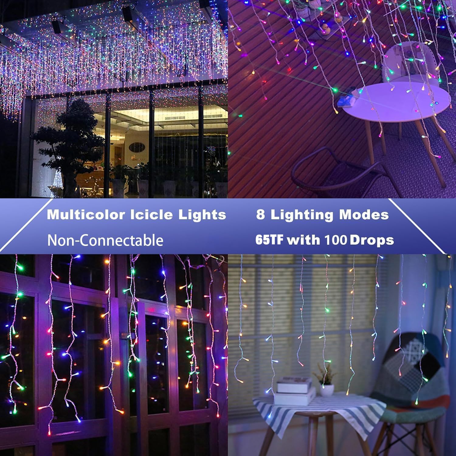 Joomer Christmas Icicle Lights - 65FT Multicolor Waterproof String Lights, 8 Modes Timer, Model SSL0500-I-24V