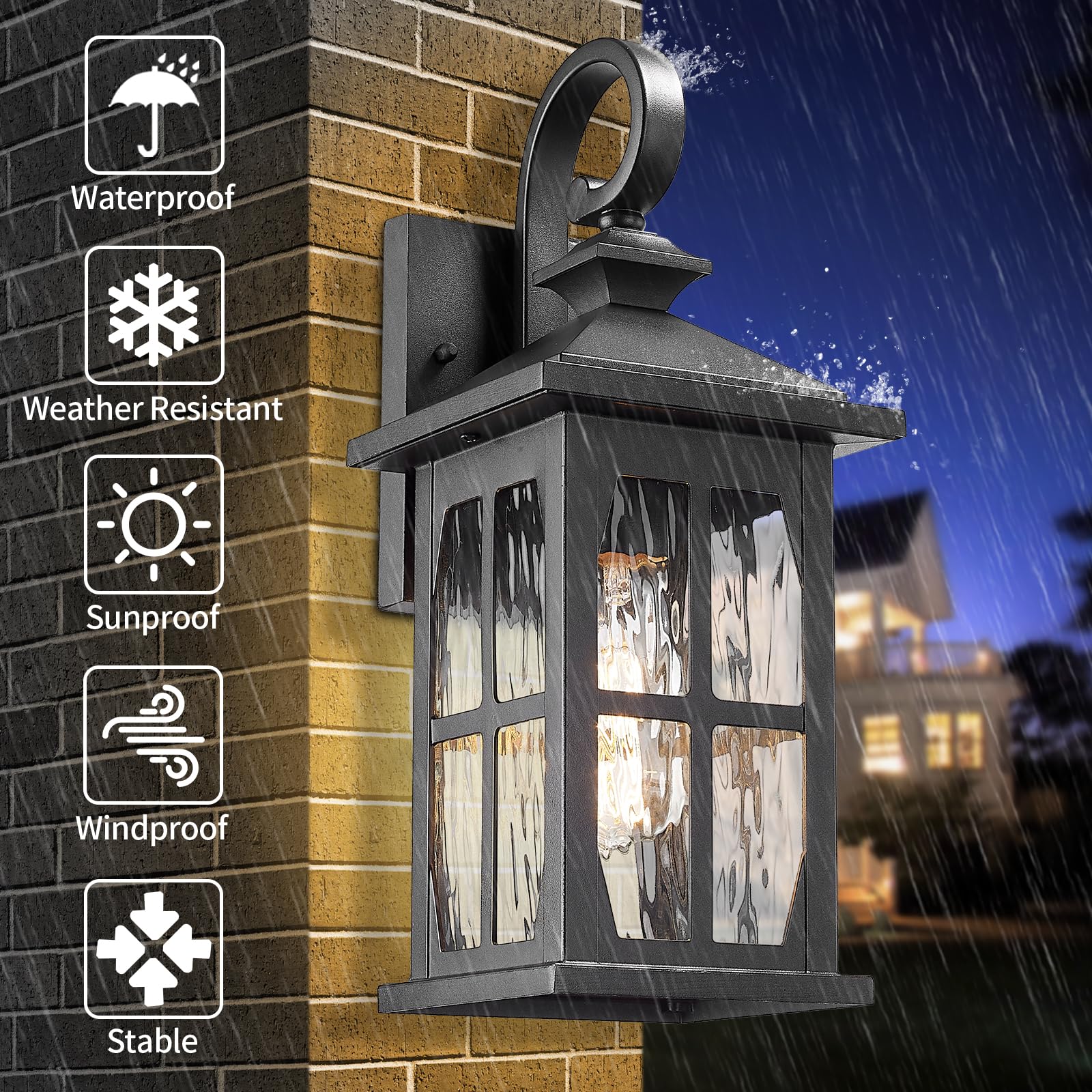 Darkaway Outdoor Wall Lights, 2-Pack Medium, Water Ripple Glass, Black Aluminum, Model 6D11B, Ideal for Porch, Hallway, Garage, Front Door