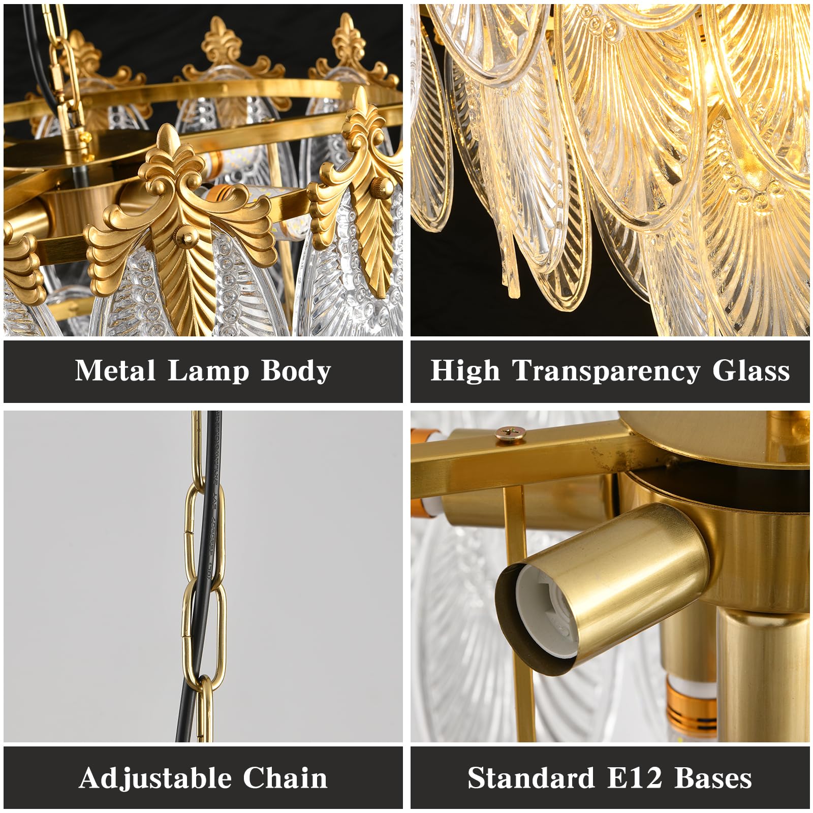 KELUOLY Modern Crystal Chandelier, 12 Light Round Pendant, 31.5" Gold Glass, Adjustable Height, Model XY-LW1017-Y80J