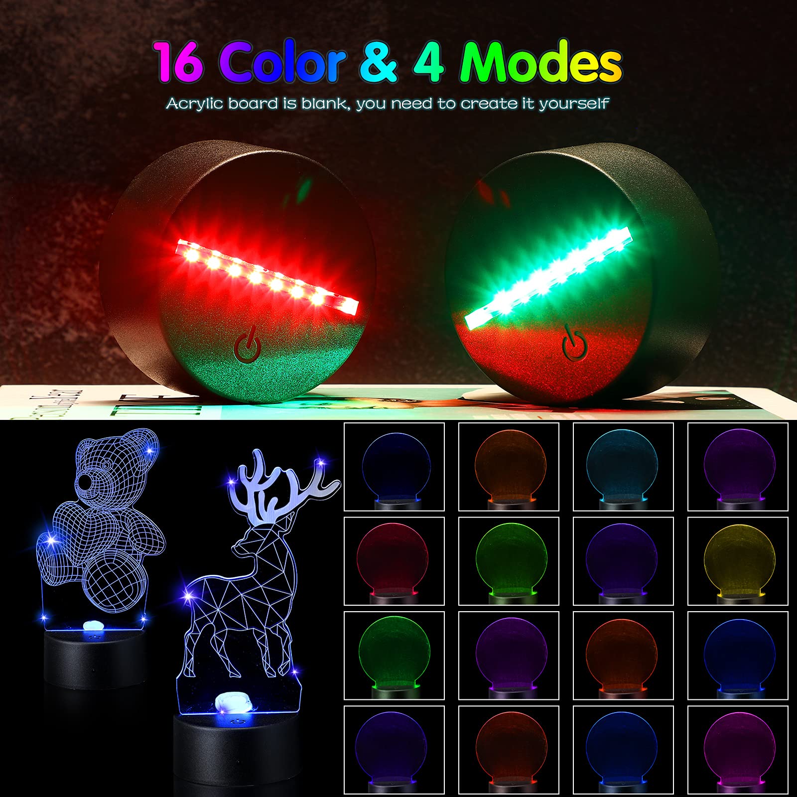 Honoson 4 Set 3D Night Light LED Lamp with Acrylic Base, Remote Control, 16 Colors, Round Style, Clear