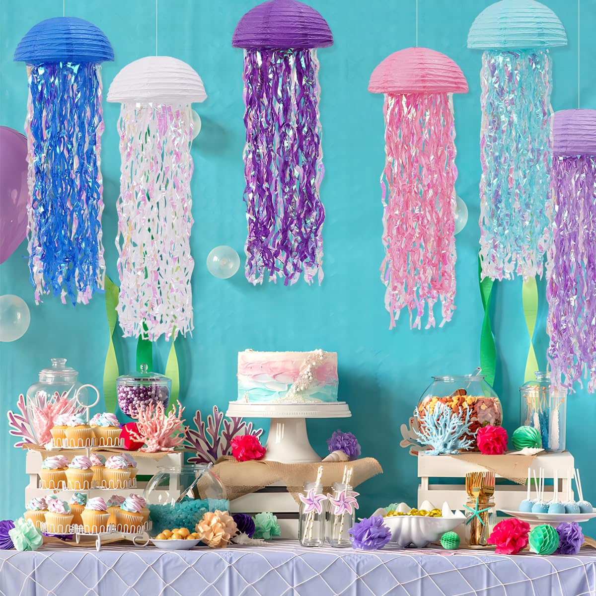 Yunxuan Mermaid Birthday Decorations, Jellyfish Paper Lanterns Pink Purple Blue White Hanging Lantern For Mermaid Birthday Party
