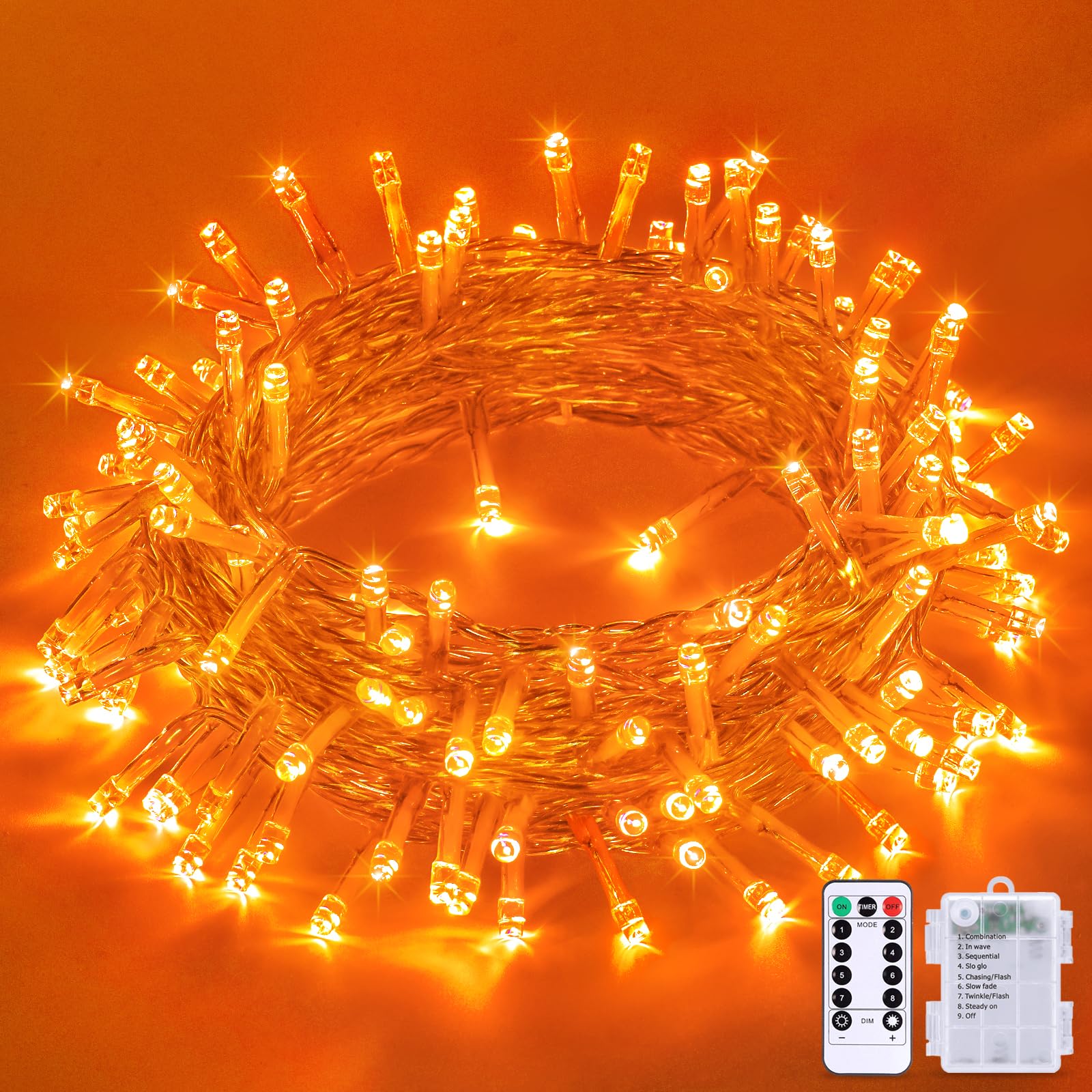 Jmexsuss 33Ft Orange Battery Operated Halloween Lights, 100 Led Twinkle Fairy String Lights With Remote, Waterproof For Indoor/Outdoor Use