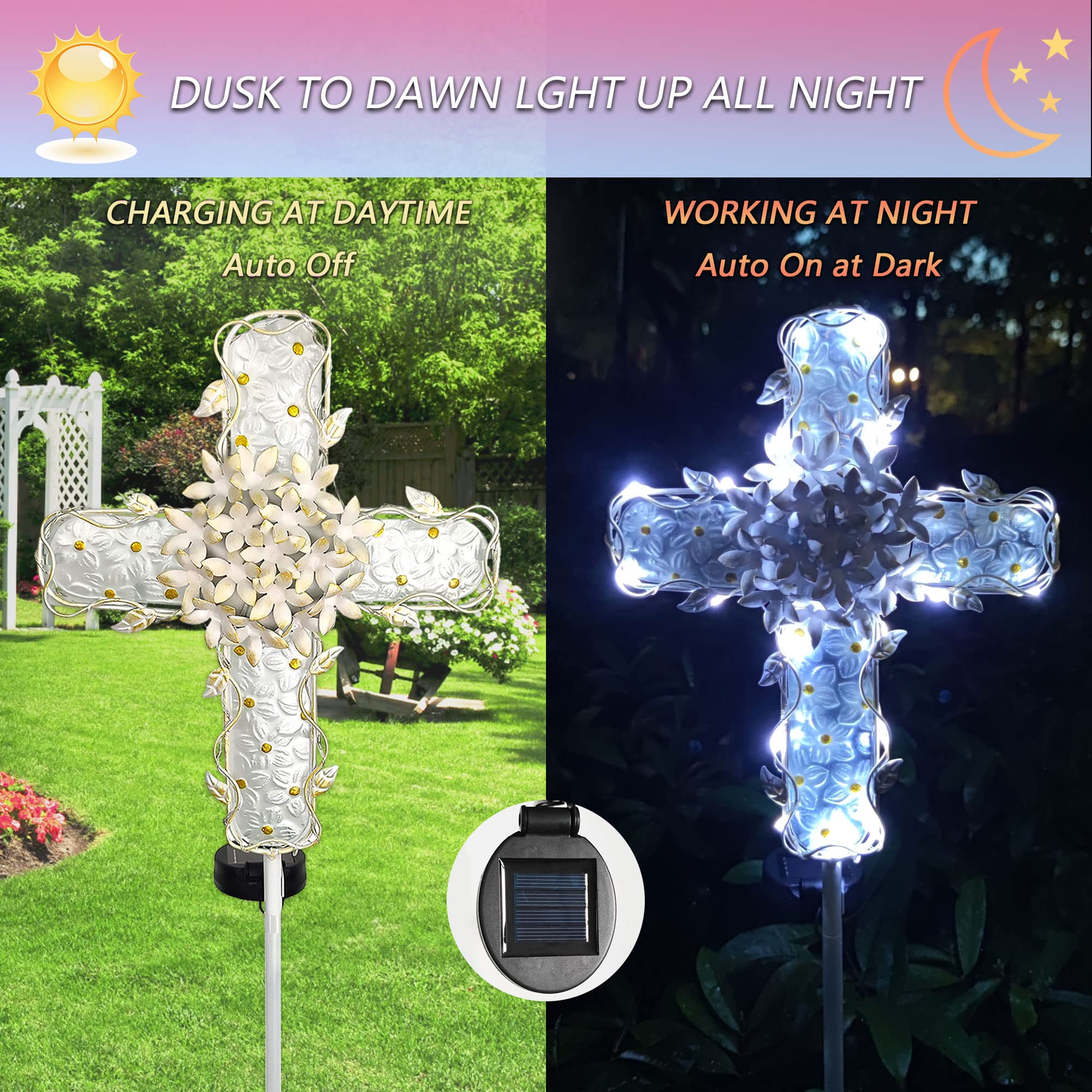 Coozzyhour 38Inch Solar Cross Garden Lights Outdoor Decorative - Solar Metal&Glass Cross White Hydrangea Flower Stake Lights- Wa