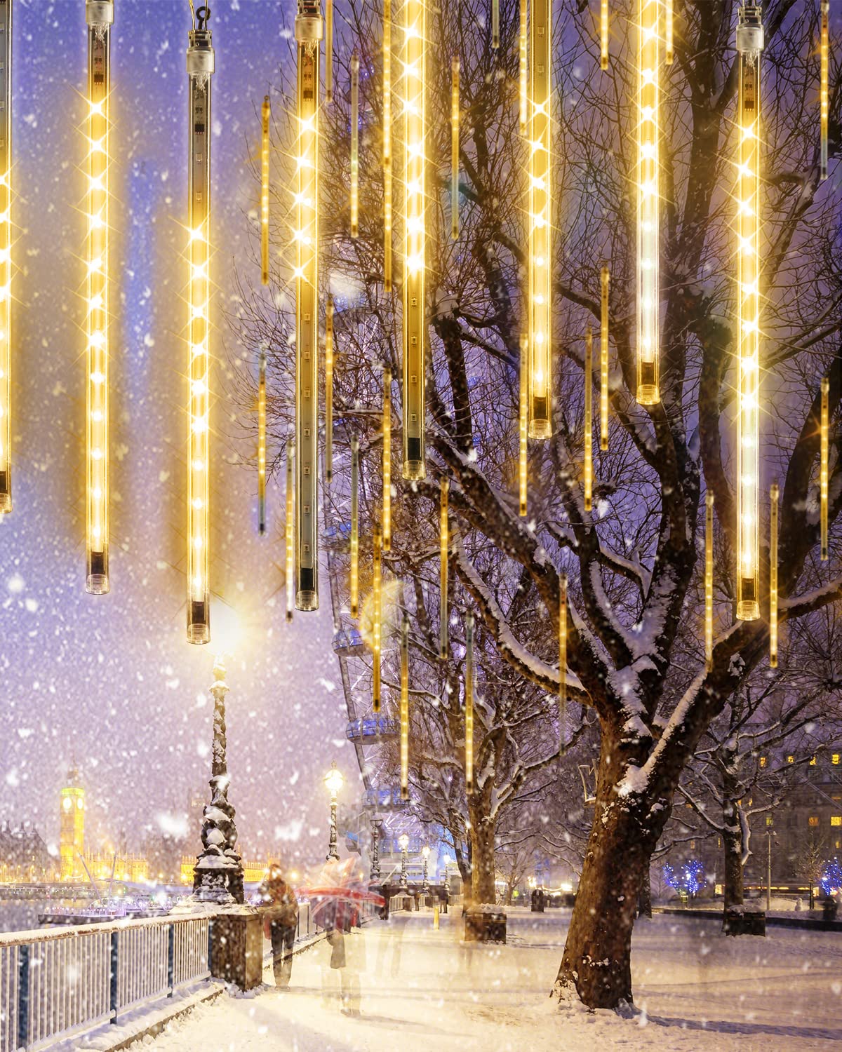 Warm White 20 Tubes Meteor Shower Icicle Lights 480 LED Raindrop Lights with Timer Function Cascading Falling Rain Light for Hol