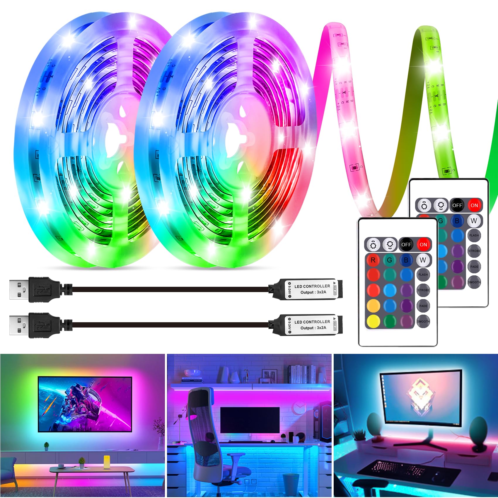 HOUHUI LED Strip Lights Kit, 2x6.56Ft RGB LED Lights Strip for 40-60in TV LED Backlight, Color Changing Strip Light Waterproof I