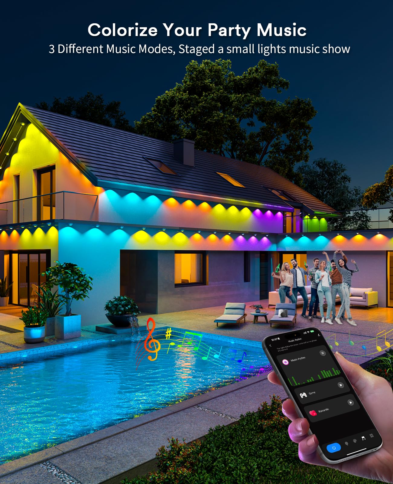 Angelhalo 100Ft Smart Outdoor Lights, 72 Led, Ip65 Waterproof, Compatible With Alexa & Google
