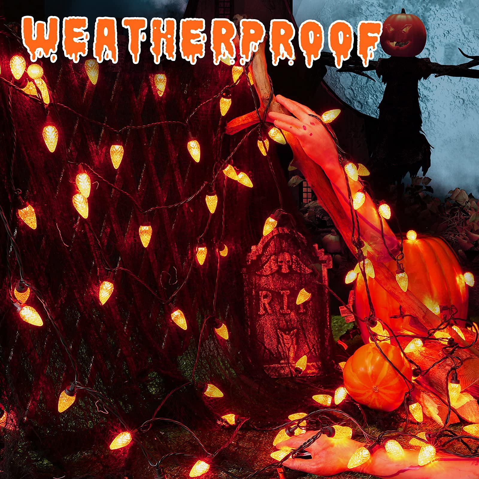 Brizled C9 Orange LED String Lights, 16ft Connectable, UL Certified, Outdoor Black Wire for Halloween & Thanksgiving