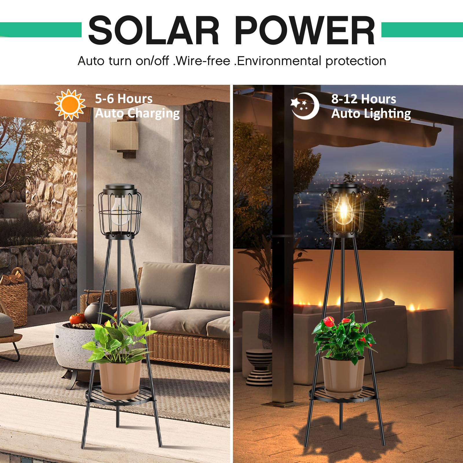 Visflair Solar Lights With Plant Stand, Outdoor Floor Lamp, Waterproof Solar Led Edison Bulb Light Flower Shelf For Patio Porch