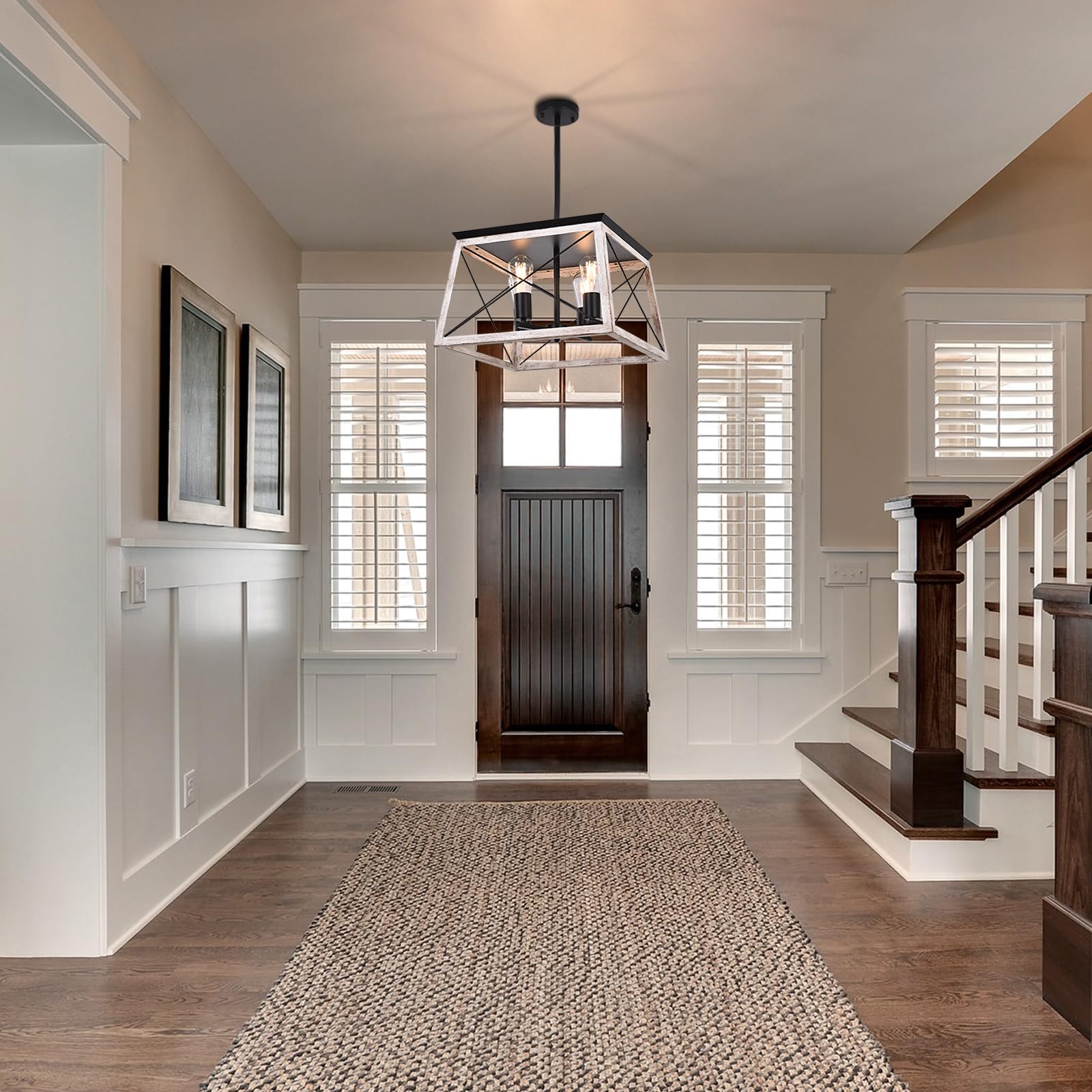 Merbotin Farmhouse Chandelier, Rustic White Wood 4-Light Pendant Light For Dining Room & Entryway