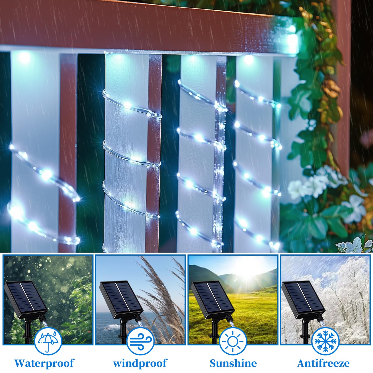 ANJAYLIA Solar Rope String Lights, 66FT, 200 LED, Cool White, Waterproof, 8 Modes & Timer Remote, for Outdoor & Holiday Décor