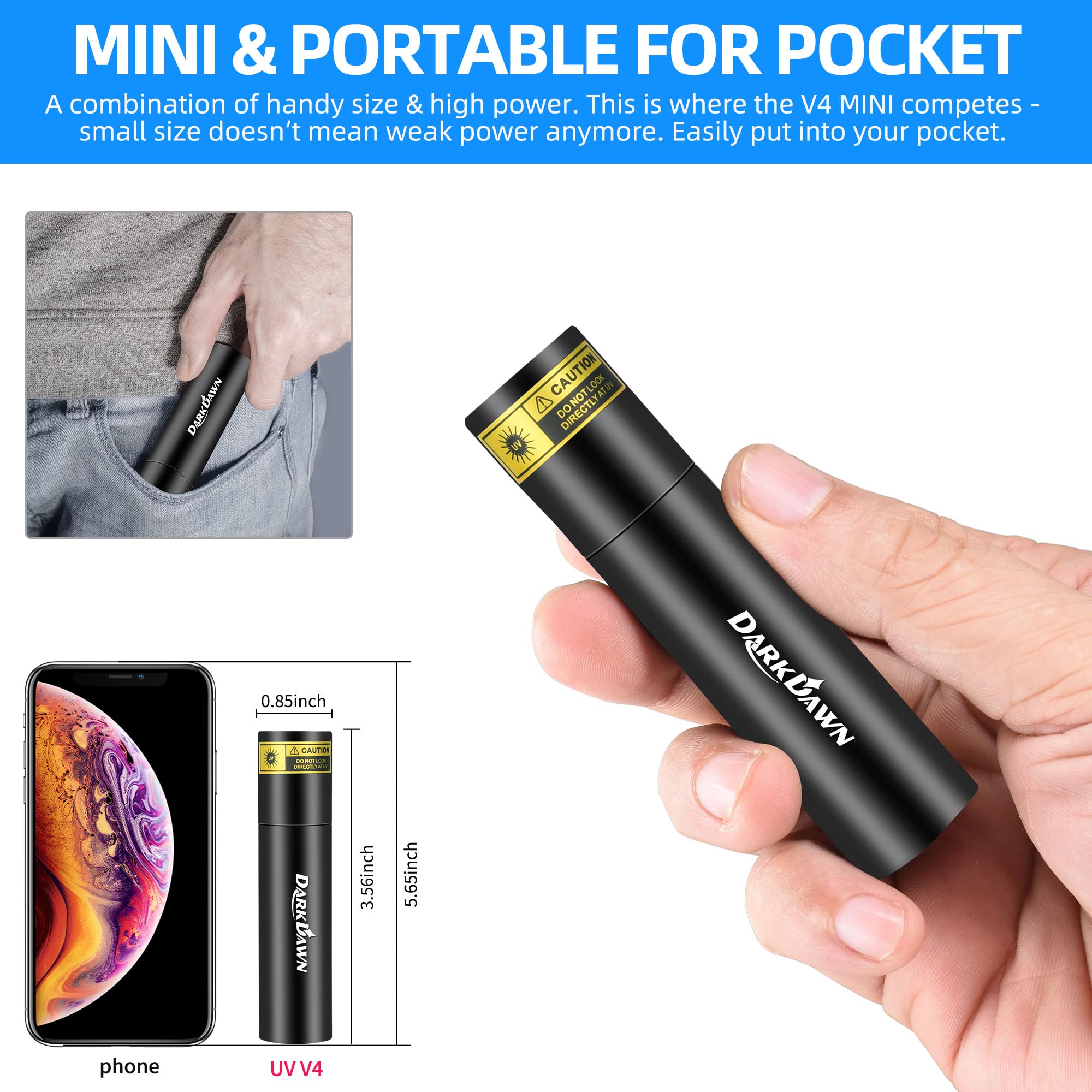 DARKDAWN UV Mini Flashlight 365nm USB Rechargeable Portable LED Blacklight V4-UV Filtered 1-Pack